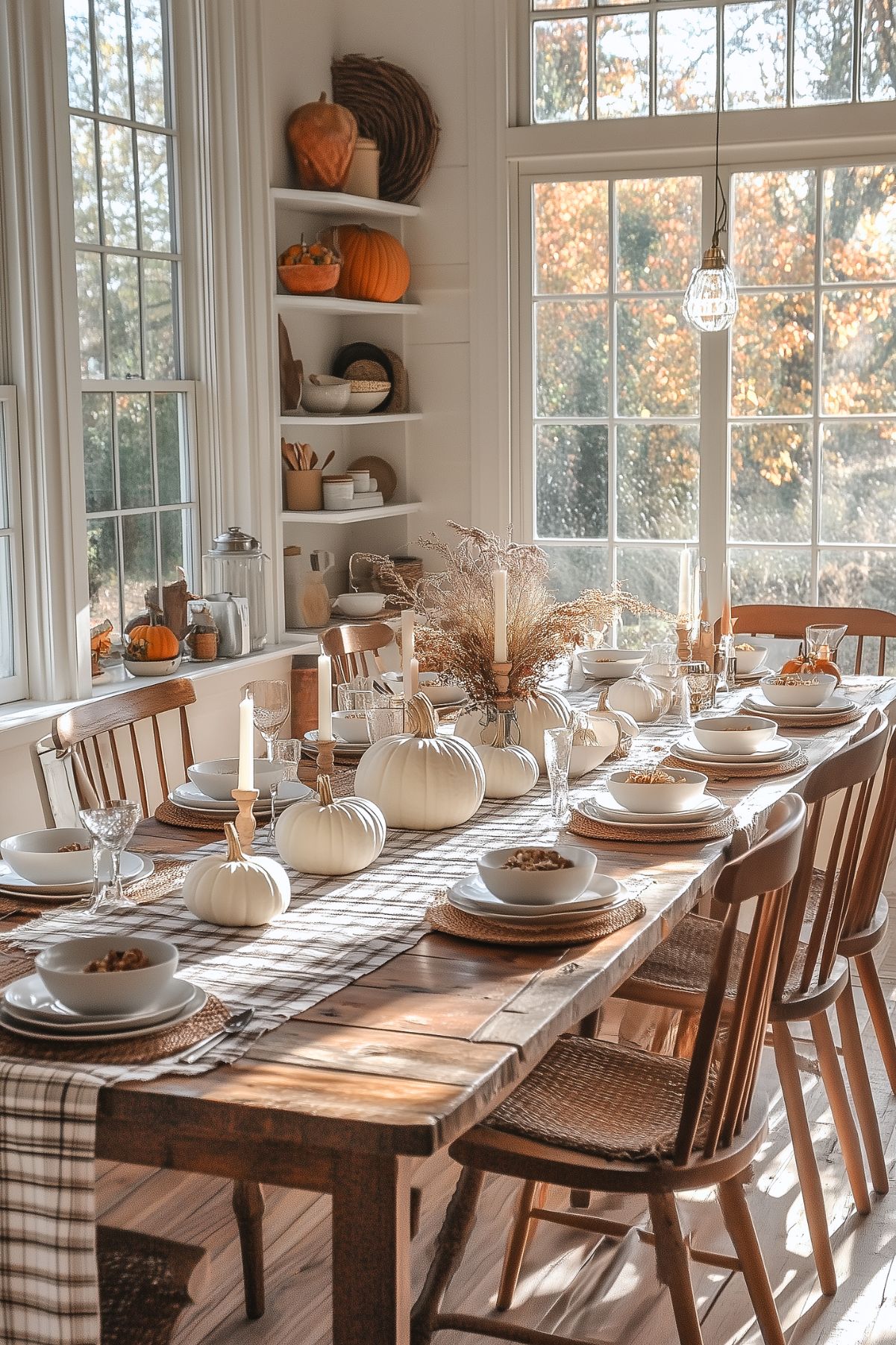 A fall-inspired dining table setting with a rustic wooden table, featuring white pumpkins as the centerpiece. The table is decorated with woven placemats, white dinnerware, and clear glassware, creating a cozy autumnal vibe. Candles and dried floral arrangements add warmth and texture to the setting. Sunlight streams through large windows, illuminating the space with a soft glow. Shelves in the background display additional fall decor, including pumpkins and wooden kitchenware, completing the inviting, seasonal atmosphere.