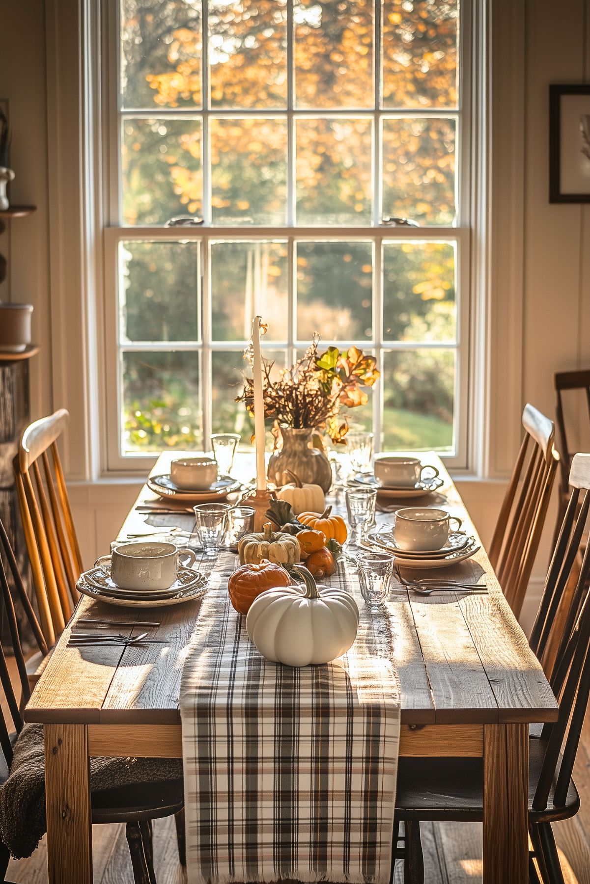 A warm and inviting fall dining setup featuring a rustic wooden table adorned with small pumpkins, a plaid table runner, and a vase of dried autumn leaves as the centerpiece. The table is set with matching dishware, cups, and glasses, creating a cozy and welcoming atmosphere. Sunlight pours through a large window in the background, highlighting the soft autumn tones and making the space feel even more inviting. The wooden chairs and simple decor add to the rustic, country-style charm of the scene.