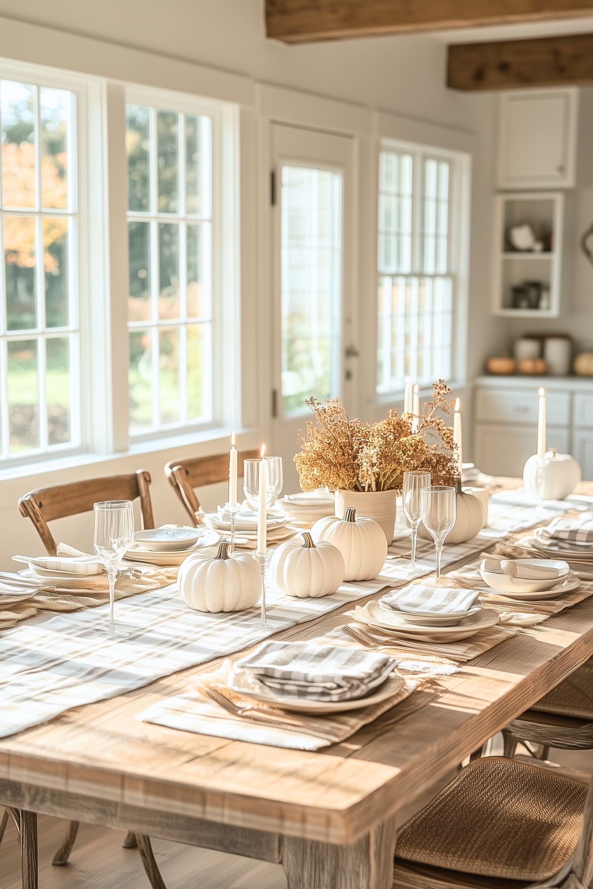 A bright and airy fall-themed dining table set with white pumpkins, candles, and neutral plaid linens. The light wooden table is adorned with elegant dishware and glassware, creating a refined yet cozy atmosphere. A centerpiece of dried flowers adds texture and warmth, while sunlight streams through the large windows, illuminating the simple yet sophisticated decor. The natural tones of the wood, soft fabrics, and fall accents create a warm, inviting ambiance perfect for a seasonal gathering.