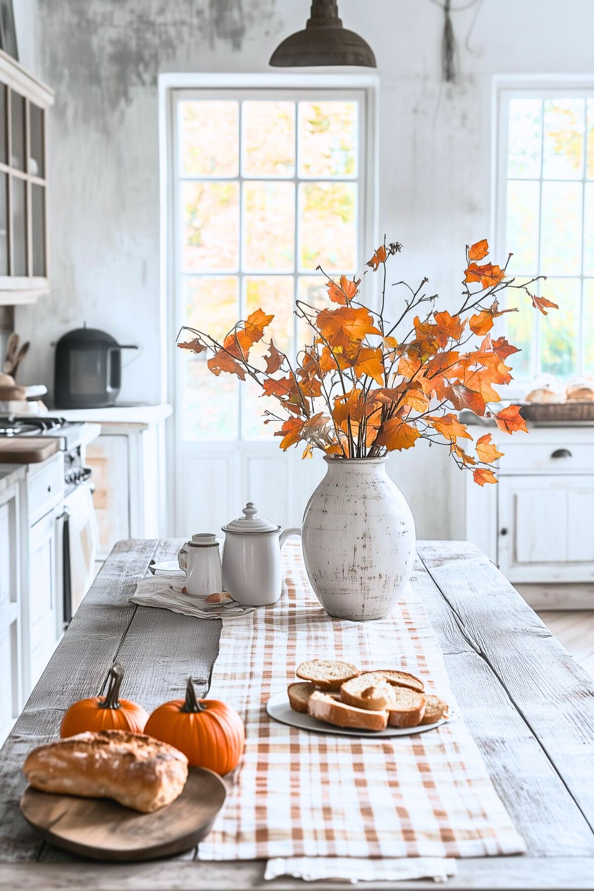 A rustic kitchen setting with a wooden table decorated for fall. A white vase filled with orange autumn leaves serves as the centerpiece, sitting on a plaid table runner. Two small pumpkins and a wooden plate with fresh bread complement the seasonal decor. Sunlight filters through large windows, highlighting the soft, neutral tones of the space. In the background, white cabinetry and simple kitchenware create a cozy, inviting ambiance perfect for the autumn season.