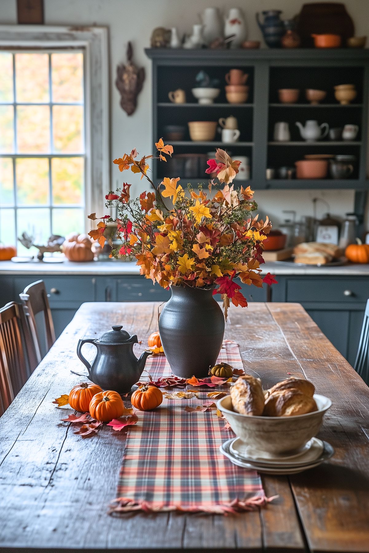 A rustic dining table decorated for fall, featuring a dark vase filled with vibrant autumn leaves as the centerpiece. Small pumpkins and scattered leaves add seasonal charm to the table, which is adorned with a plaid table runner. A black teapot and a bowl of freshly baked bread complement the cozy, farmhouse-style setting. In the background, open shelving displays an assortment of pottery and dishware, contributing to the warm, inviting ambiance of the kitchen. The natural light streaming through the window highlights the rich, autumnal colors, creating a serene atmosphere.