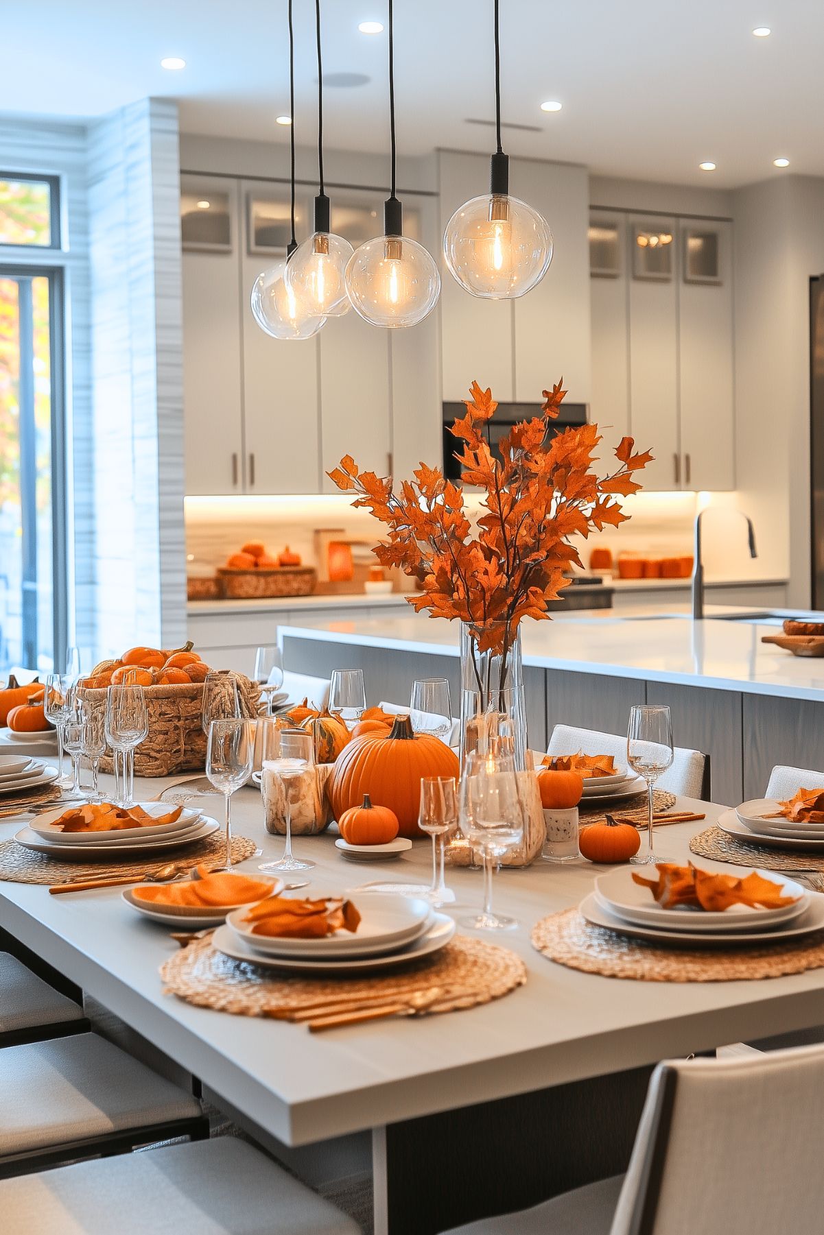 A modern dining table set for fall with a vibrant orange theme, featuring pumpkins as table decor and a centerpiece of autumn leaves in a glass vase. The table is elegantly arranged with white dishware, woven placemats, and wine glasses, creating a stylish and festive look. A basket of pumpkins adds a rustic touch, while warm pendant lighting above the table enhances the cozy ambiance. The sleek kitchen in the background, with minimalist cabinetry and bright lighting, complements the contemporary yet seasonal decor.