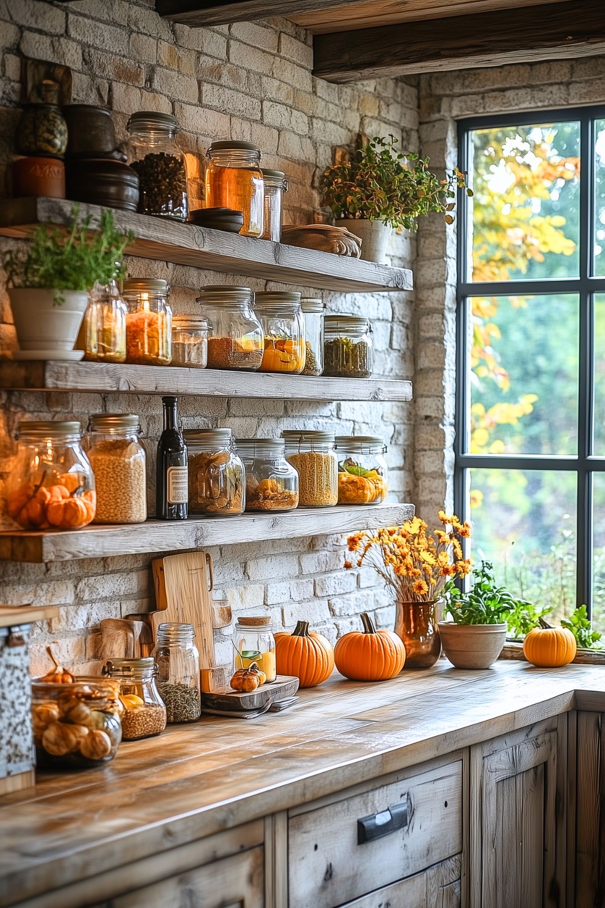 A rustic kitchen with open wooden shelves filled with glass jars of dried goods, including grains, herbs, and spices, creating a warm and cozy atmosphere. The shelves are set against a brick wall, enhancing the rustic feel of the space. Small pumpkins and a vase of autumn flowers decorate the wooden countertop, adding seasonal charm. A large window lets in natural light and offers views of fall foliage outside, further emphasizing the cozy, autumnal vibe. Potted plants add a touch of greenery to the scene.