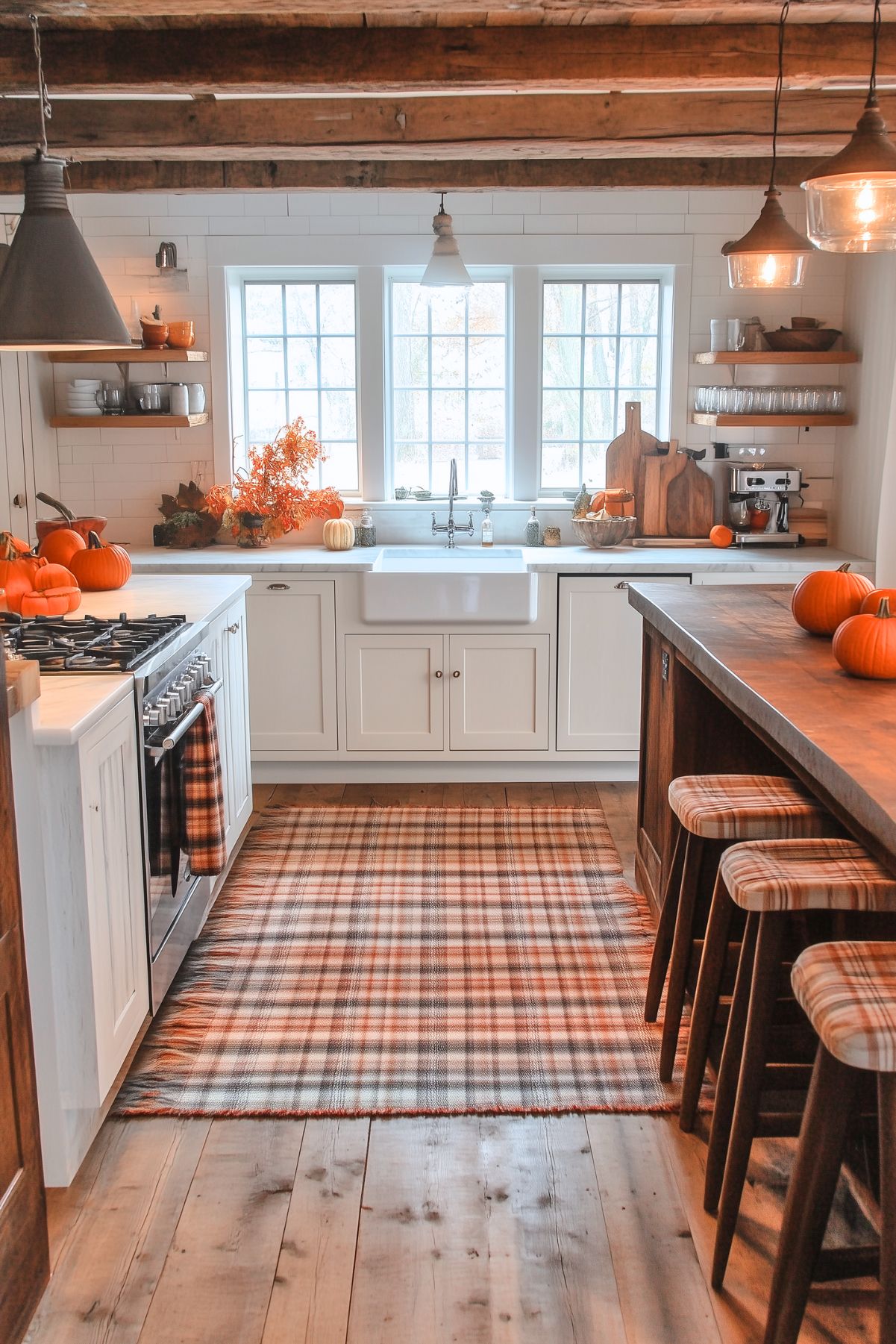 A cozy farmhouse kitchen decorated for fall, featuring a large farmhouse sink and rustic wooden beams overhead. The space is adorned with pumpkins on the countertops and a centerpiece of autumn leaves by the window. Plaid accents are seen in the rug and dish towels, adding warmth and texture to the room. Open shelving displays dishes and kitchenware, while pendant lighting above the island and stove enhances the rustic charm. The wooden island countertop and plaid-upholstered stools complete the inviting, seasonal atmosphere.