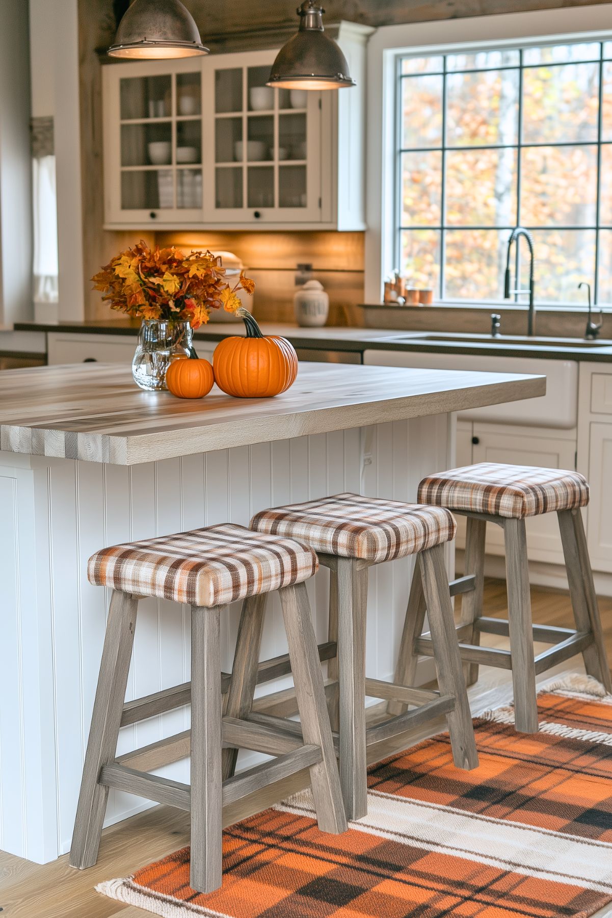 A cozy fall-themed kitchen island with plaid bar stools and an autumnal touch. The wooden island features a smooth light wood countertop, decorated with a simple yet charming fall centerpiece—a clear glass vase filled with vibrant orange and yellow autumn leaves and two bright orange pumpkins. The plaid-upholstered stools and the matching orange and brown plaid rug beneath them enhance the warm seasonal ambiance. The backdrop includes a farmhouse-style sink and cabinetry, with a large window showcasing the beauty of the fall season outside.