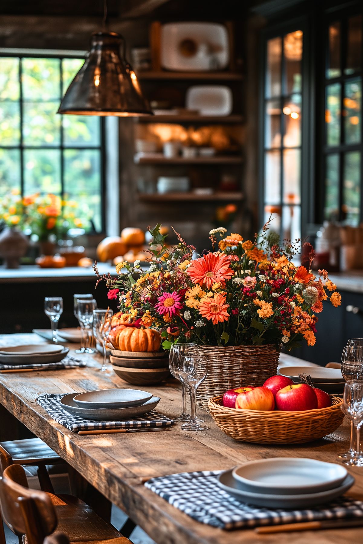 A rustic wooden dining table set for a cozy fall gathering, adorned with a vibrant floral centerpiece featuring orange, pink, and yellow flowers in a woven basket. The table is decorated with simple place settings on checkered napkins, alongside a basket of red apples and a bowl of pumpkins, bringing warm autumn tones to the space. Glassware is neatly arranged, adding a touch of elegance. In the background, open shelves display dishes, while a large window allows natural light to flood the space, highlighting the rich fall hues and creating a welcoming, homely atmosphere.