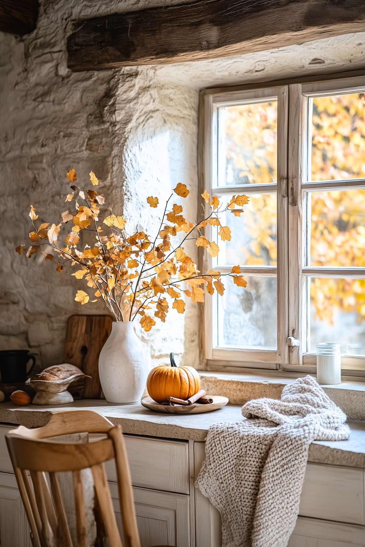 A cozy kitchen nook with rustic stone walls and a wooden-beamed window. A white vase filled with golden autumn leaves sits on the countertop next to a small pumpkin on a wooden plate. The soft light from the window illuminates the textured stone surface, while a knit blanket draped over the counter adds warmth to the scene. In the background, fall foliage outside enhances the inviting, seasonal atmosphere, creating a perfect cozy fall ambiance.