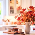 A warm, autumn-themed kitchen scene with white cabinetry and a kitchen island. The island features a cutting board with freshly baked bread and two mugs, creating a cozy, inviting feel. A white pitcher filled with vibrant red and orange fall leaves adds seasonal decor. In the background, soft lighting illuminates the kitchen, while wooden utensils and a pumpkin further enhance the cozy fall ambiance. The overall setting evokes a comfortable, welcoming atmosphere perfect for the autumn season.