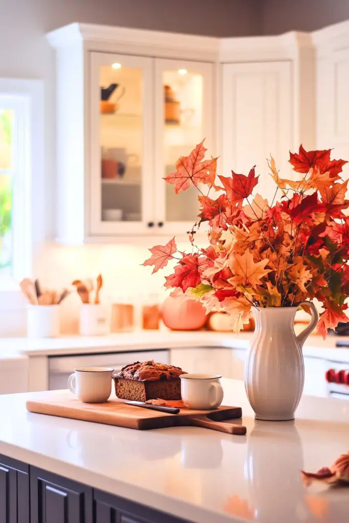 A warm, autumn-themed kitchen scene with white cabinetry and a kitchen island. The island features a cutting board with freshly baked bread and two mugs, creating a cozy, inviting feel. A white pitcher filled with vibrant red and orange fall leaves adds seasonal decor. In the background, soft lighting illuminates the kitchen, while wooden utensils and a pumpkin further enhance the cozy fall ambiance. The overall setting evokes a comfortable, welcoming atmosphere perfect for the autumn season.