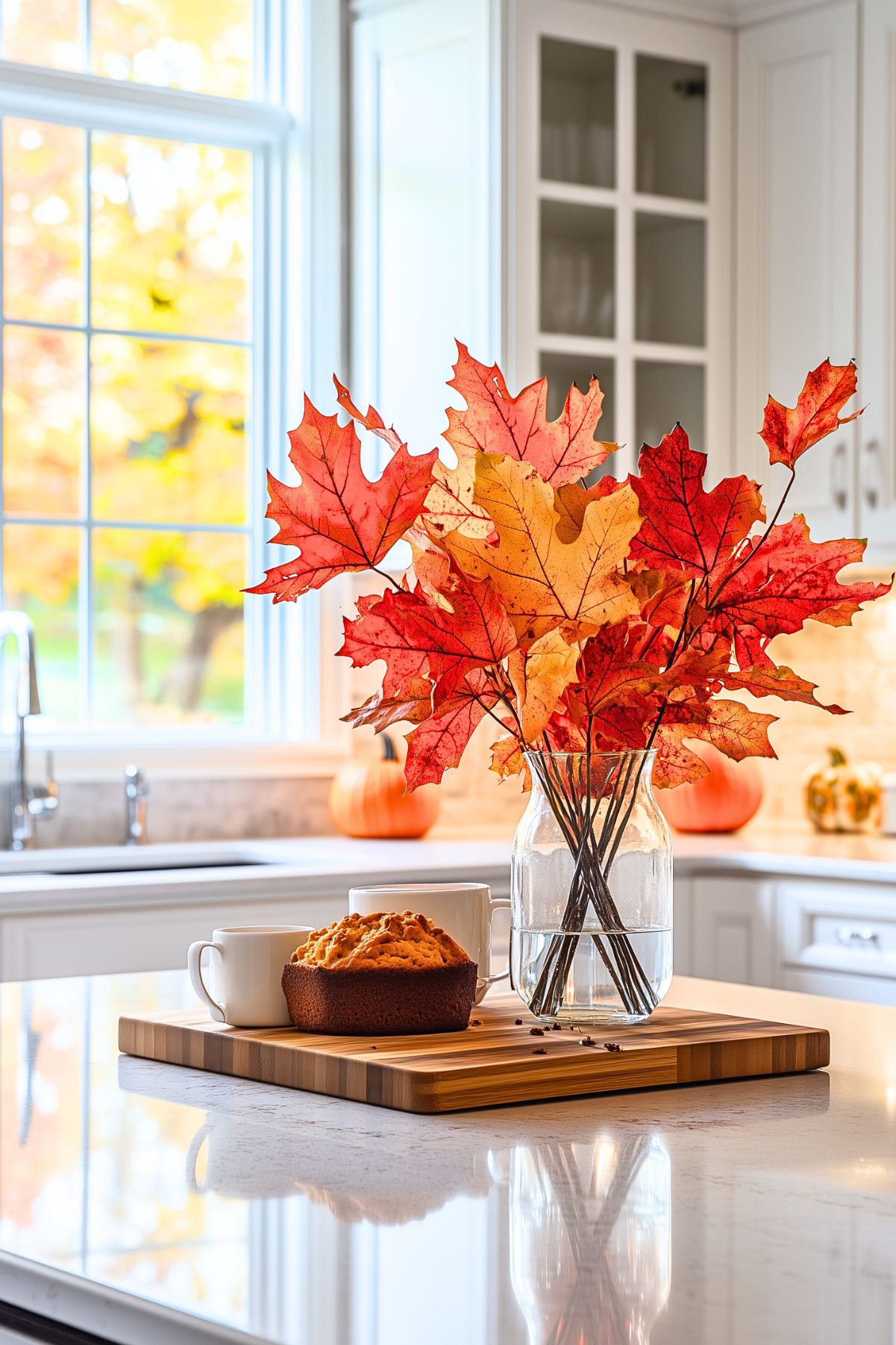 A bright kitchen decorated for fall with a vase of vibrant red and orange maple leaves as the centerpiece on a white countertop. A cutting board holds a cup of coffee and a freshly baked muffin, adding a cozy touch. In the background, soft lighting illuminates white cabinetry, with pumpkins placed around the kitchen for seasonal decor. The large window lets in natural light, creating a warm and inviting autumn atmosphere.