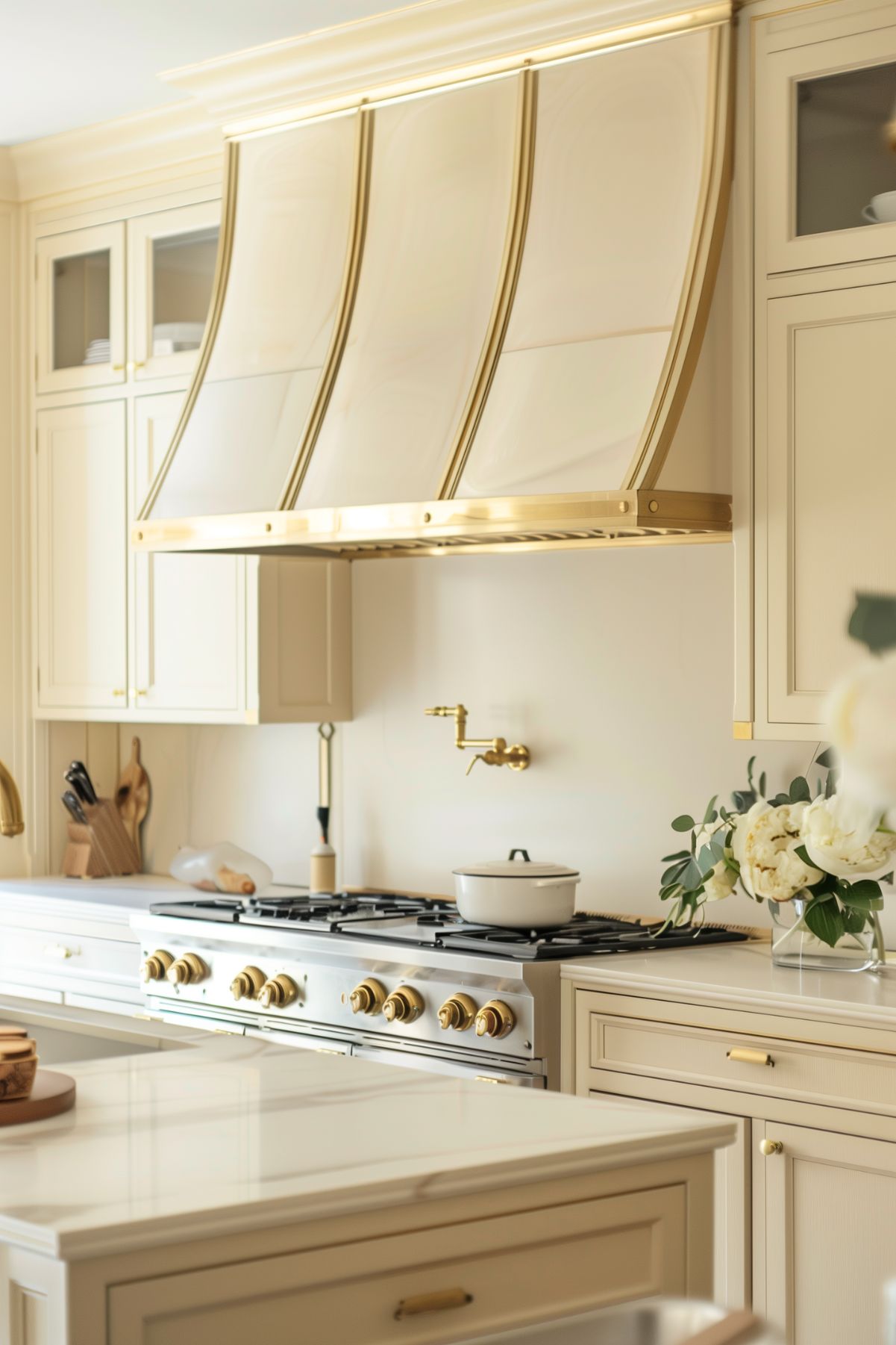 A luxurious kitchen featuring soft ivory cabinetry and gleaming brass accents. The central focus is a sleek stainless steel stove with brass knobs, complemented by a matching brass pot filler and an elegant range hood with brass detailing. The countertops are a pristine marble, adding a touch of sophistication, while a vase of white flowers provides a fresh, natural element. The overall design exudes a refined elegance with a timeless combination of ivory and brass, creating a bright and polished atmosphere.