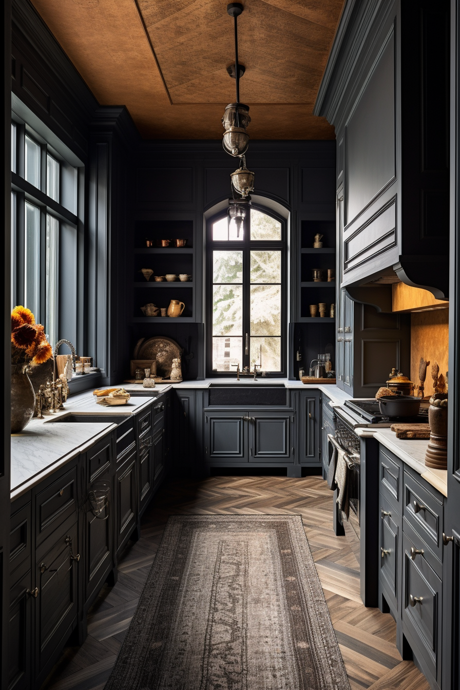 A moody, sophisticated kitchen featuring deep gray cabinetry with elegant paneling and brass hardware. The space is illuminated by natural light pouring in through a tall, arched window, adding a sense of drama. Open shelves hold a collection of vintage crockery and decorative accents, enhancing the traditional feel. The black farmhouse sink and marble countertops provide a striking contrast. A soft, patterned rug lies on the dark herringbone wood floors, while pendant lights with an antique finish hang from the ceiling, complementing the warm undertones of the room. The overall atmosphere is rich and inviting, blending modern luxury with old-world charm.