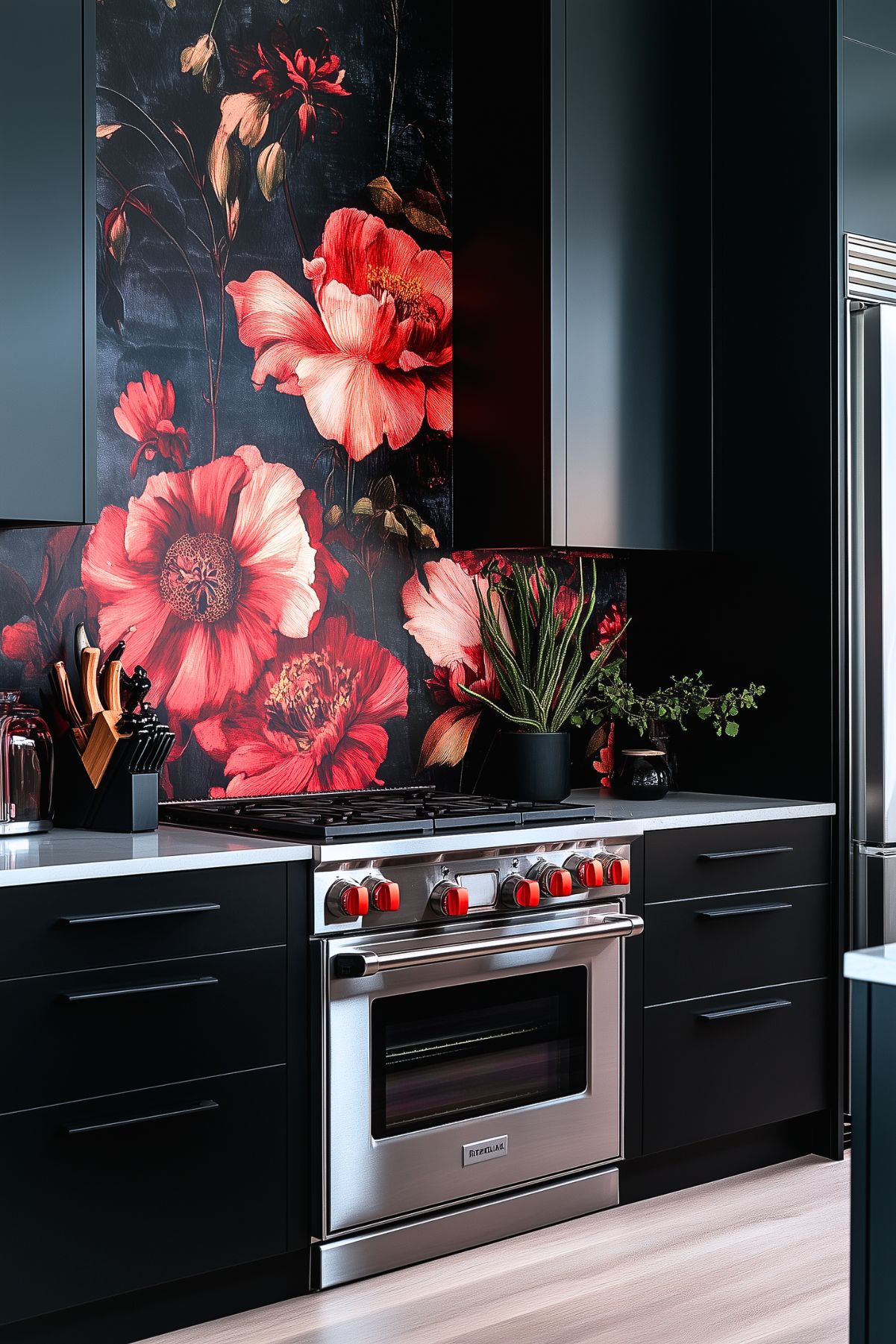 A sleek, modern kitchen with dark cabinetry and stainless-steel appliances. The standout feature is a bold floral backsplash with large red and pink blooms that bring a striking contrast to the dark tones. The stovetop has red knobs, complementing the vibrant floral design. Black countertops and minimalist decor, including a set of kitchen knives and a few potted plants, complete the sophisticated and dramatic look of the space.