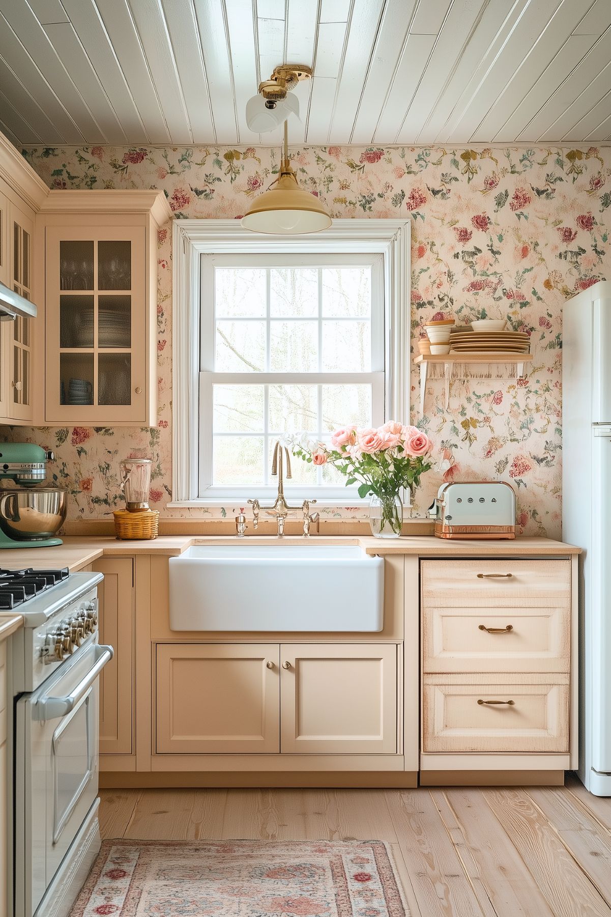 A charming vintage-inspired kitchen with soft cream cabinetry and floral wallpaper. The space features a farmhouse sink with brass fixtures, a white retro-style toaster, and a vase of pink roses on the countertop. The light wooden floors and a pastel pink area rug create a warm, inviting feel. A mint-green stand mixer and neatly organized open shelves add to the quaint and cozy aesthetic, while the brass light fixture above provides a classic touch.