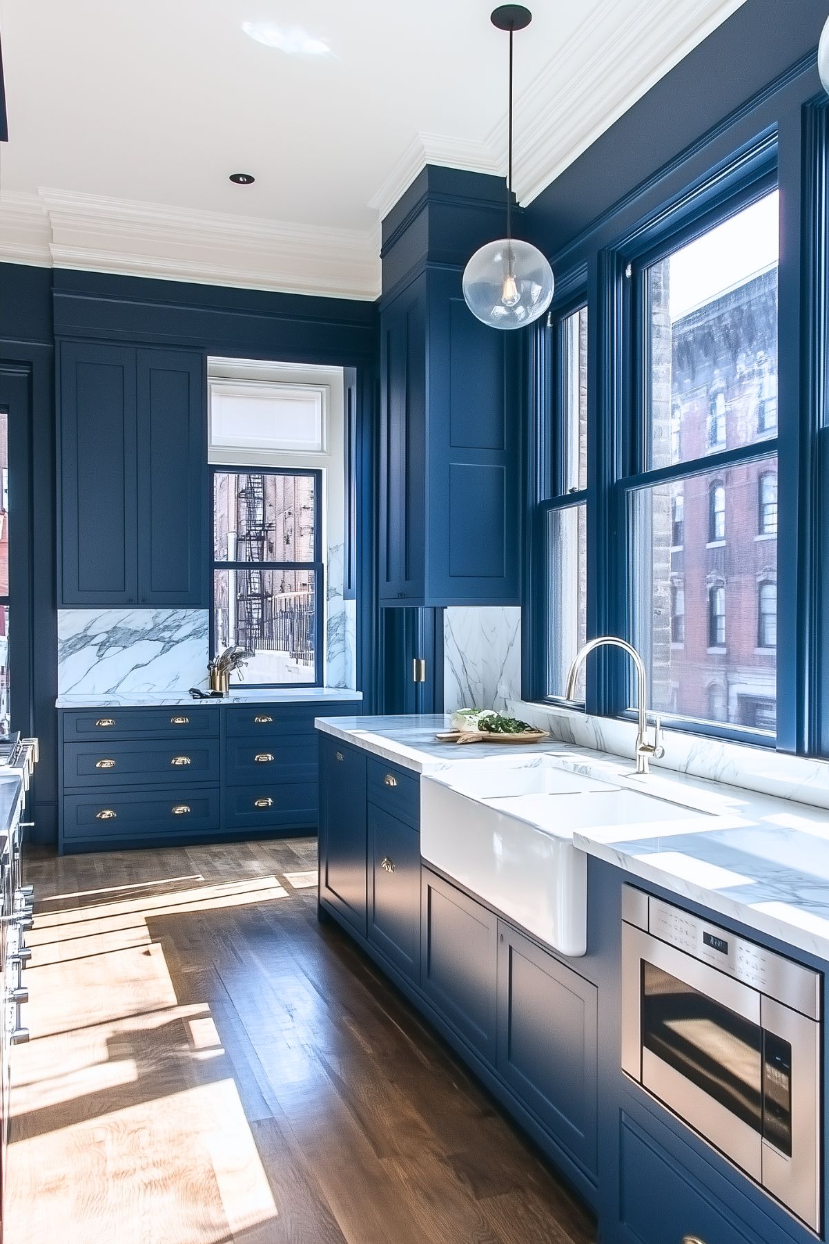 A bright kitchen with navy blue cabinets, marble countertops, and brass hardware. The large windows bring in natural light, complementing the white marble backsplash with subtle gray veining. The space features a farmhouse sink and modern appliances, creating a sleek and contemporary design. The wooden floors add warmth to the room, balancing the bold blue tones.