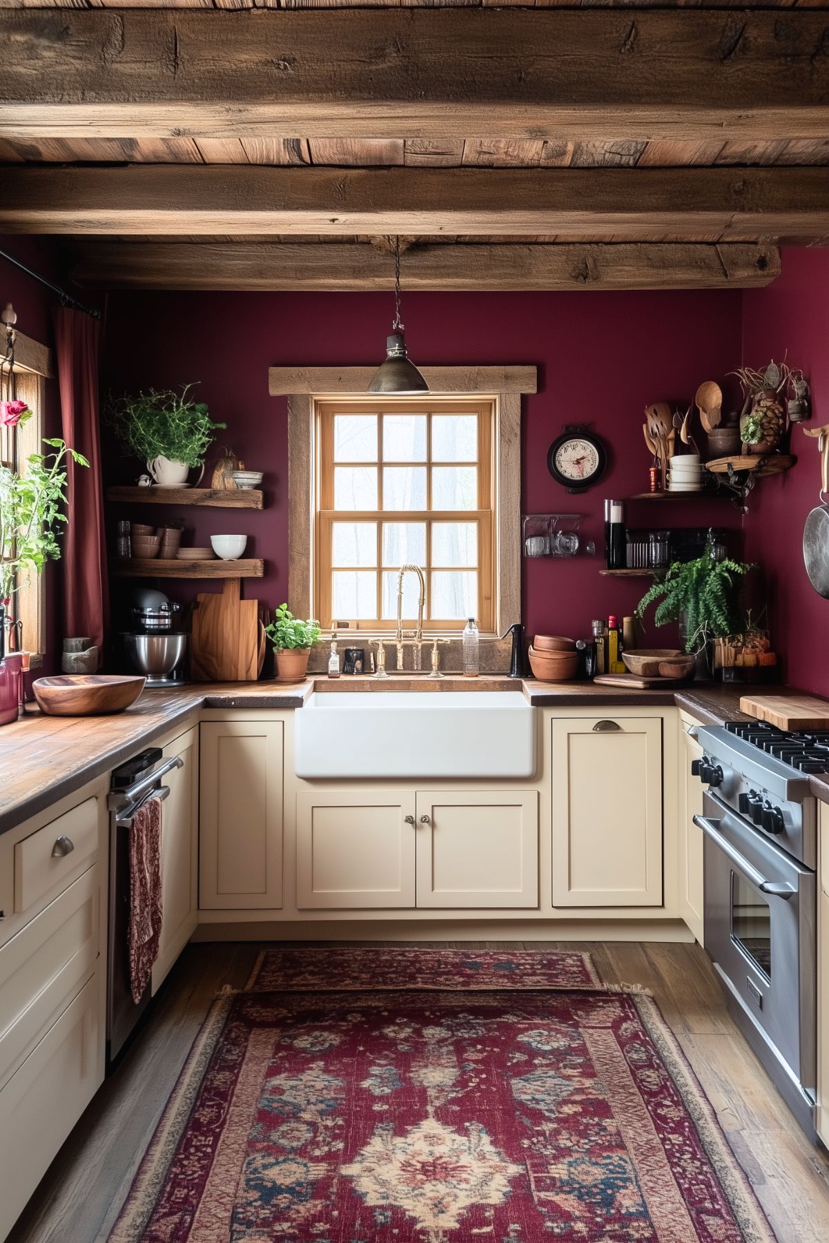 A rustic kitchen featuring cream-colored cabinets, a large farmhouse sink, and wooden countertops. The walls are painted a deep burgundy, adding warmth to the space, while exposed wooden beams on the ceiling enhance the rustic charm. The kitchen is accessorized with open shelves holding plants, wooden utensils, and ceramics. A patterned red rug lies on the wooden floor, creating a cozy and inviting atmosphere.