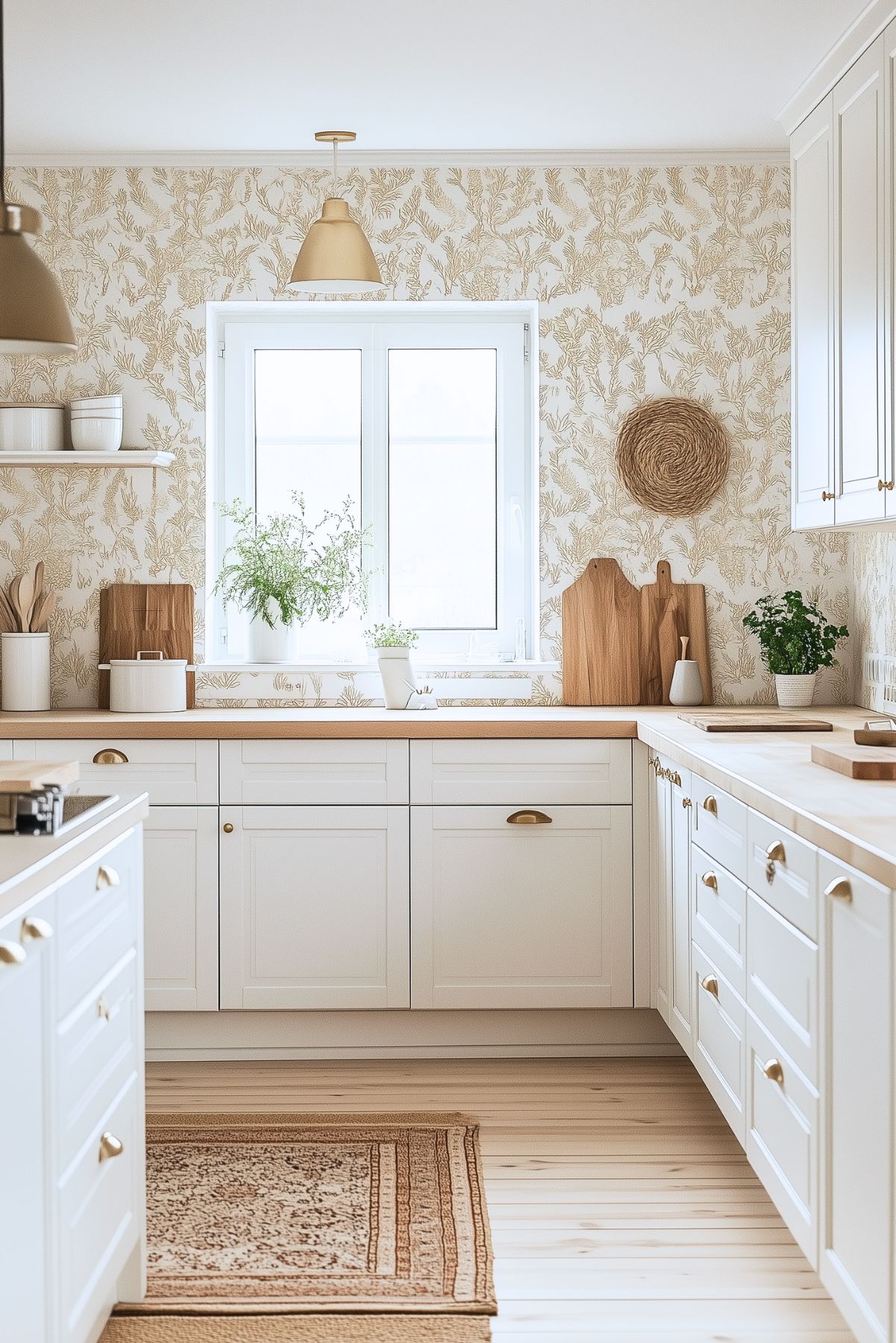 A bright and airy kitchen featuring white cabinetry with brass hardware and light wood countertops. The walls are adorned with soft, beige botanical-patterned wallpaper, adding a delicate and natural feel to the space. Potted plants and wooden cutting boards provide a touch of greenery and warmth. A light wood floor and a beige patterned rug complete the serene, minimalist look, while simple pendant lights add an understated elegance. The overall design is calm, with a blend of modern and rustic charm.