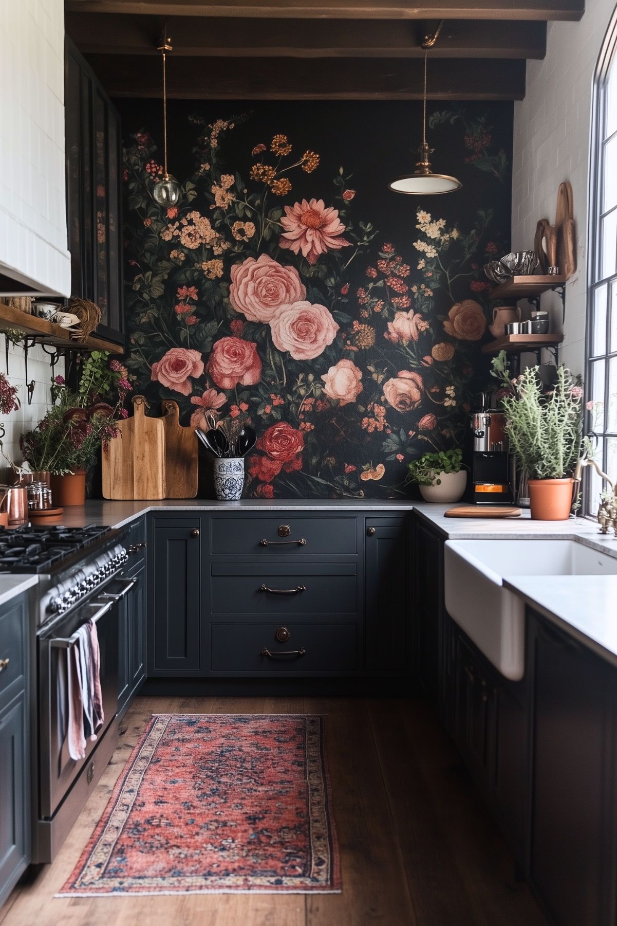 A small kitchen with dark cabinets, brass hardware, and a bold floral wallpaper featuring large pink and red roses. The space includes a farmhouse sink, wooden countertops, potted herbs, and a red patterned rug on the wooden floor. The overall design combines vintage and modern elements with a cozy atmosphere.