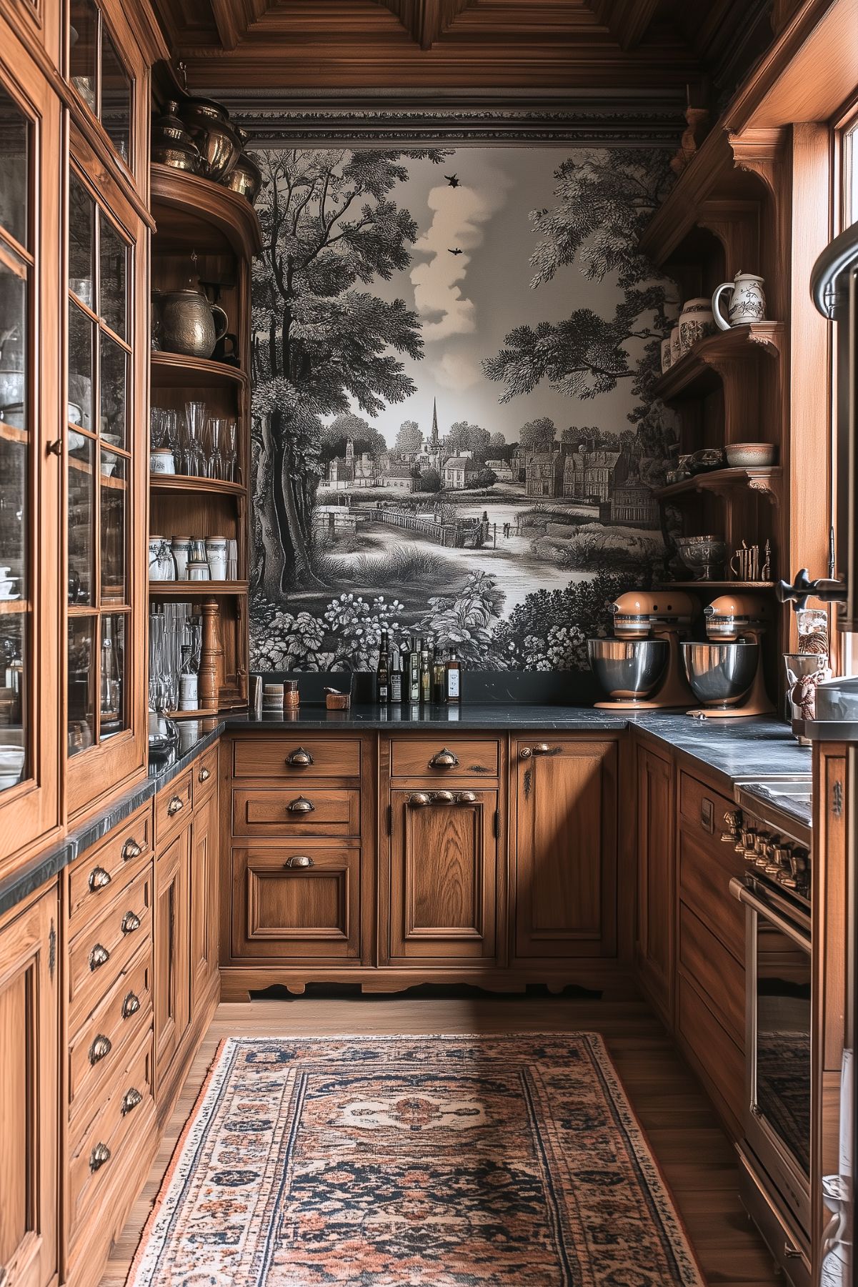 A traditional kitchen with warm wooden cabinetry, intricate brass hardware, and glass-front upper cabinets. The space features a striking black-and-white mural depicting a scenic countryside village, adding a vintage feel. Dark countertops and a patterned rug complement the rustic aesthetic. The shelves are filled with a mix of modern and classic kitchenware, giving the room a cozy, lived-in atmosphere.