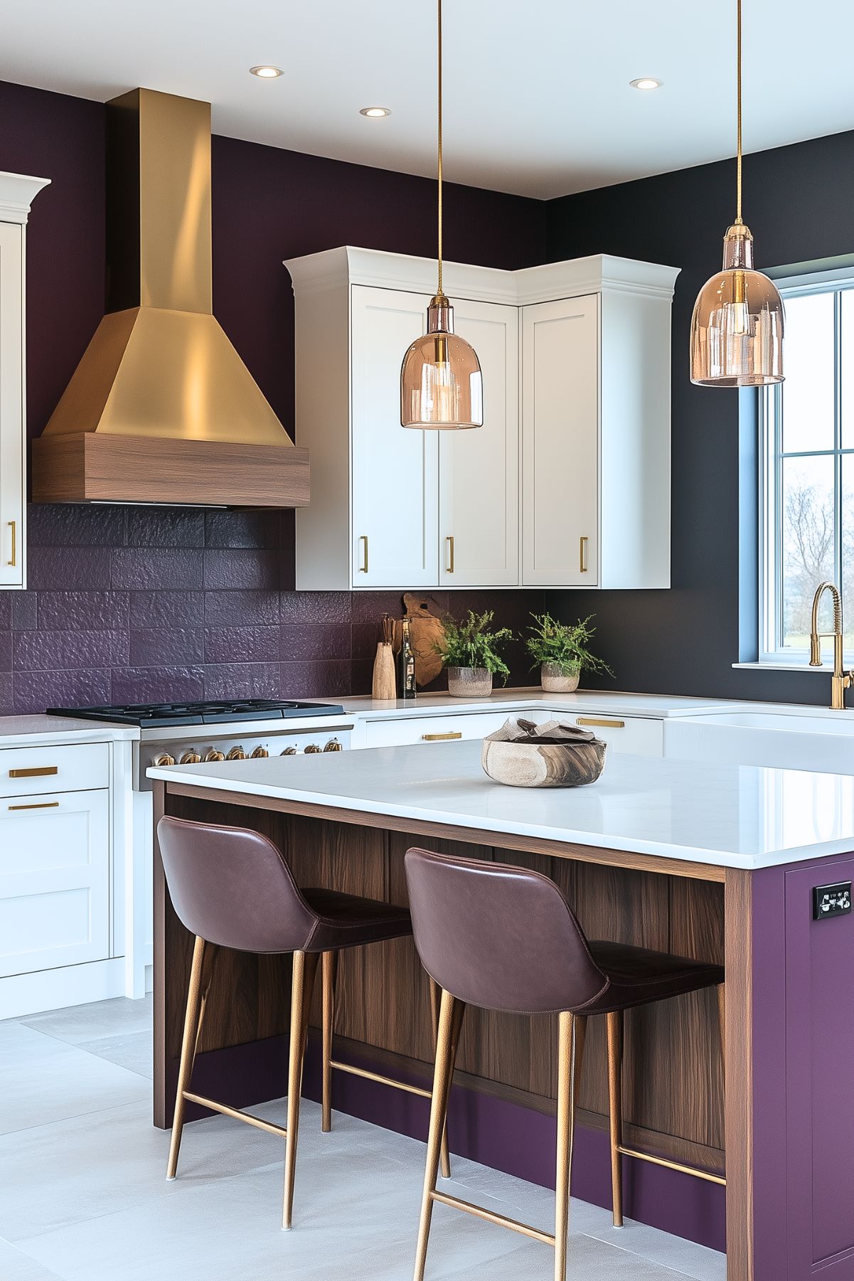 A modern kitchen featuring a large island with a white countertop and walnut base, paired with sleek bar stools. The kitchen has white cabinetry with brass hardware and a bold, dark purple backsplash. A statement brass range hood adds a luxurious touch, complemented by two pendant lights with brass accents hanging above the island. The room is filled with natural light from a large window, creating a stylish and sophisticated atmosphere.