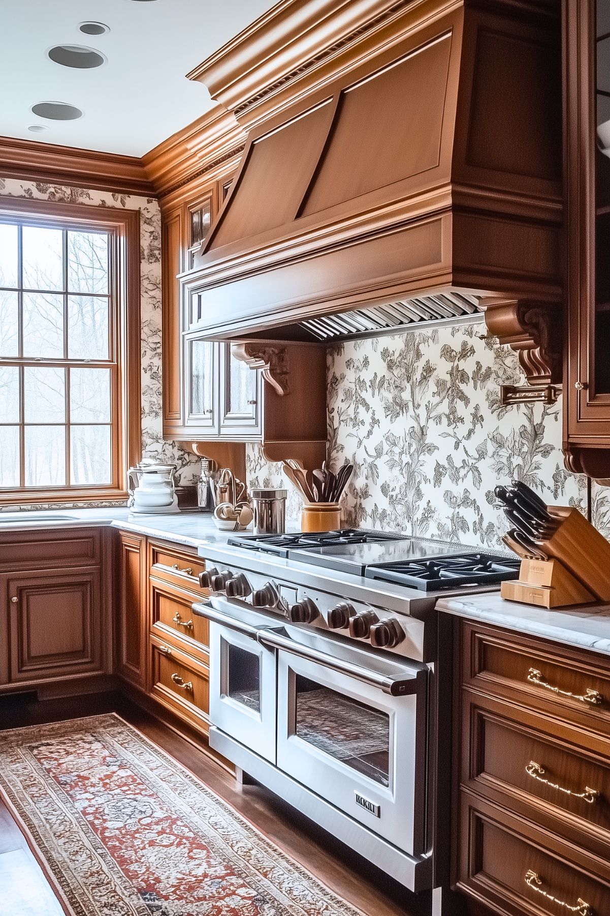 A traditional kitchen featuring rich, dark wooden cabinetry with ornate detailing and brass hardware. The space is anchored by a professional-grade stainless steel stove, framed by a large wooden range hood. The backsplash showcases a detailed botanical-patterned wallpaper in neutral tones, complementing the classic design. Marble countertops and a red patterned rug add a luxurious feel, while the large window brings in natural light, enhancing the warmth of the wood and creating a cozy, timeless atmosphere.