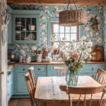 A cozy country kitchen with light blue cabinetry and floral wallpaper featuring soft pink and white blossoms. The space has rustic wooden beams on the ceiling, matching the farmhouse-style dining table and chairs. A wicker light fixture hangs above the table, and a vase filled with white and pink flowers adds a fresh touch. The overall atmosphere is charming and inviting, with a blend of vintage and cottage-style decor.