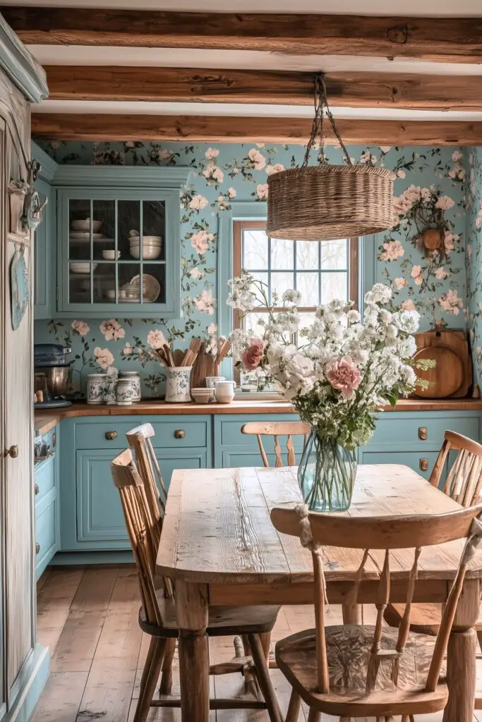 A cozy country kitchen with light blue cabinetry and floral wallpaper featuring soft pink and white blossoms. The space has rustic wooden beams on the ceiling, matching the farmhouse-style dining table and chairs. A wicker light fixture hangs above the table, and a vase filled with white and pink flowers adds a fresh touch. The overall atmosphere is charming and inviting, with a blend of vintage and cottage-style decor.