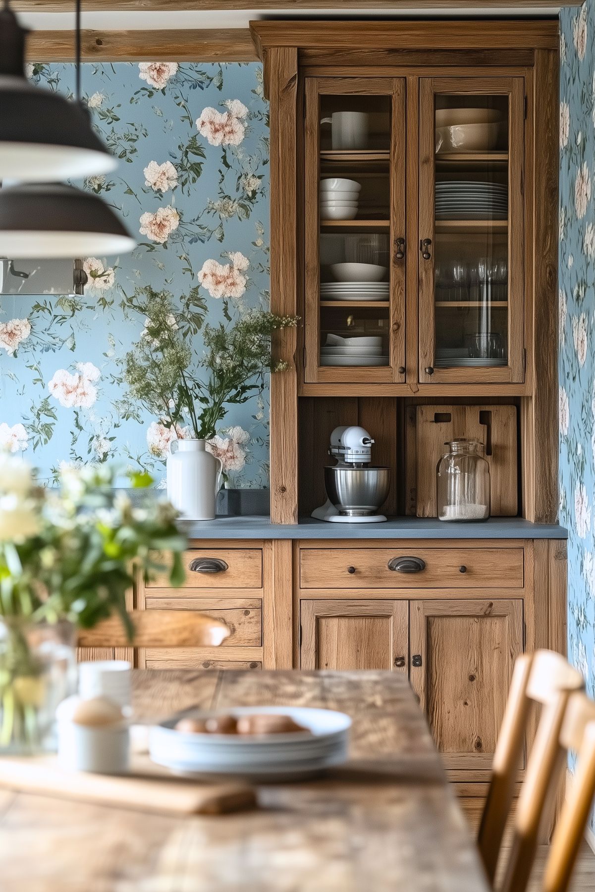 A cozy kitchen with a rustic feel, featuring natural wood cabinetry and a blue floral wallpaper. The wood cabinets have a charming, handmade look, complete with dark metal hardware and glass-front doors displaying neatly arranged dishes. A gray countertop contrasts with the warm tones of the wood. A white ceramic pitcher filled with fresh flowers sits on the counter, adding a soft touch to the space. The overall ambiance is warm and inviting, with a blend of country charm and vintage-inspired decor.