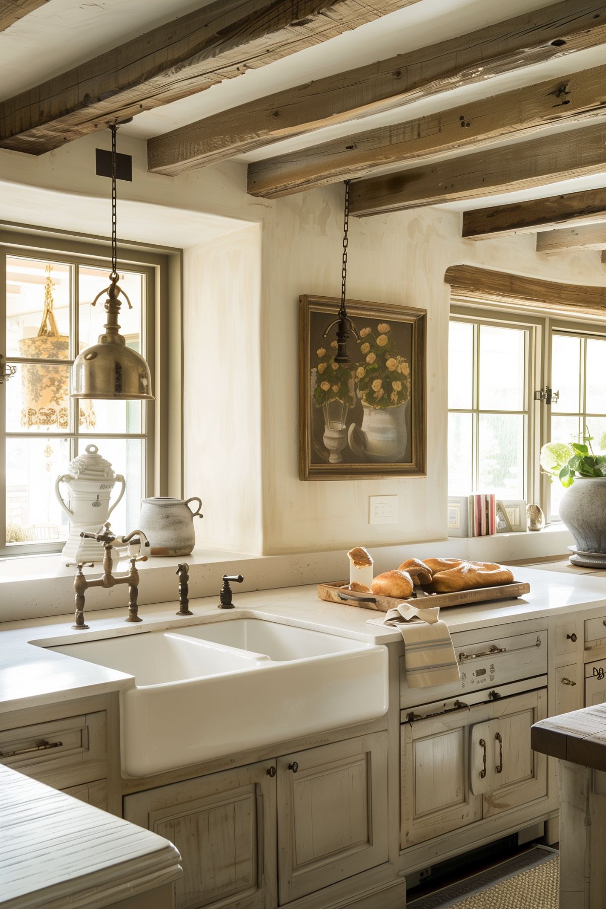 A rustic kitchen with a farmhouse aesthetic featuring weathered wood cabinetry and exposed wooden ceiling beams. The centerpiece is a large white farmhouse sink with vintage-style bronze fixtures. The countertops are simple and light, adorned with antique pottery and fresh-baked bread displayed on a wooden cutting board. Pendant lighting with industrial metal shades hangs over the sink area, casting a warm glow. A painting of flowers adds a touch of charm, while large windows let in natural light, enhancing the cozy and lived-in feel of the space.