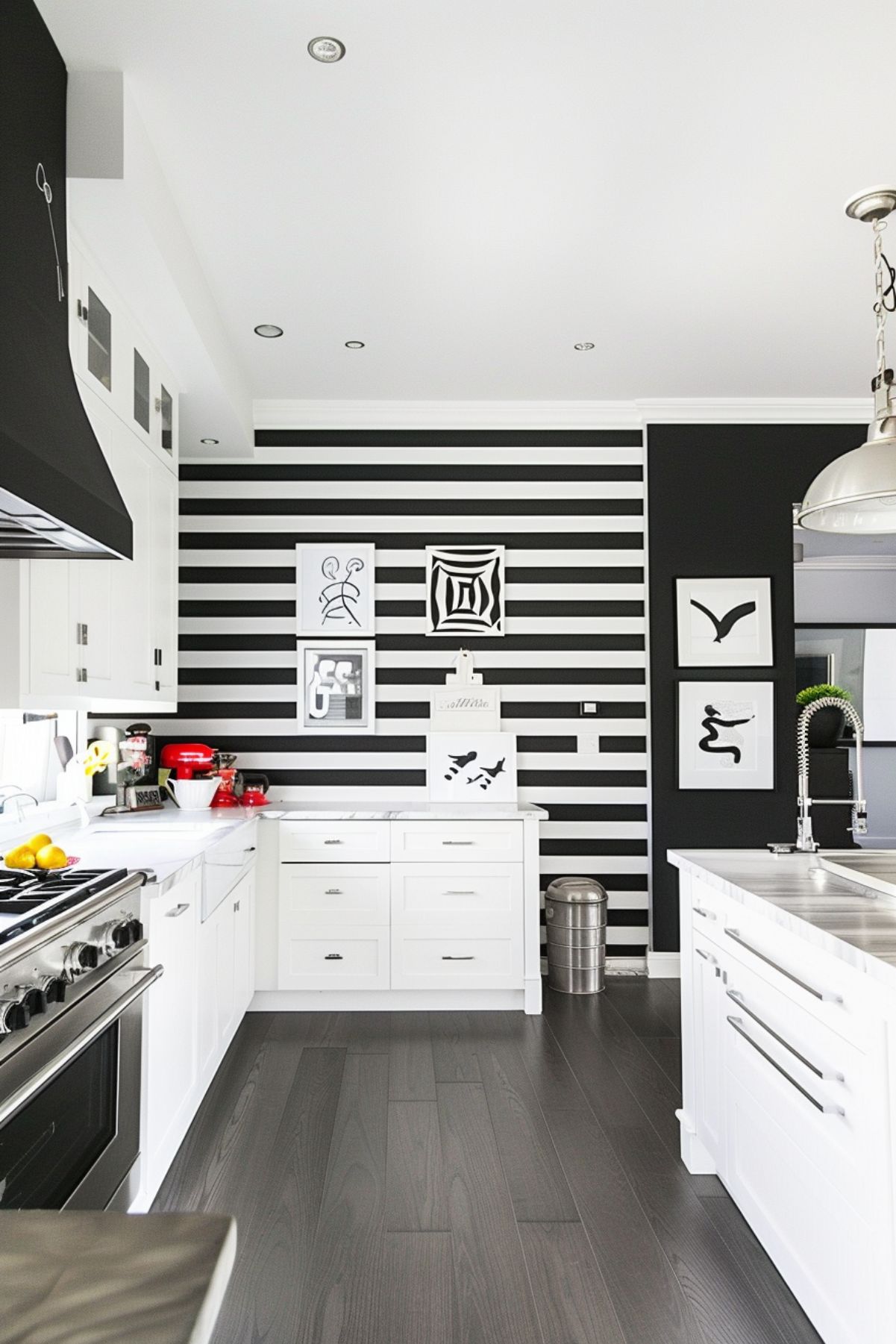 A modern black-and-white kitchen with bold horizontal striped wallpaper. The cabinetry is white with sleek silver hardware, while dark hardwood floors provide a strong contrast. Black and white artwork decorates the walls, enhancing the minimalist design. A large stainless-steel industrial light fixture hangs over the island, and pops of red kitchen appliances add a touch of color to the monochrome palette. The overall look is crisp, clean, and contemporary.