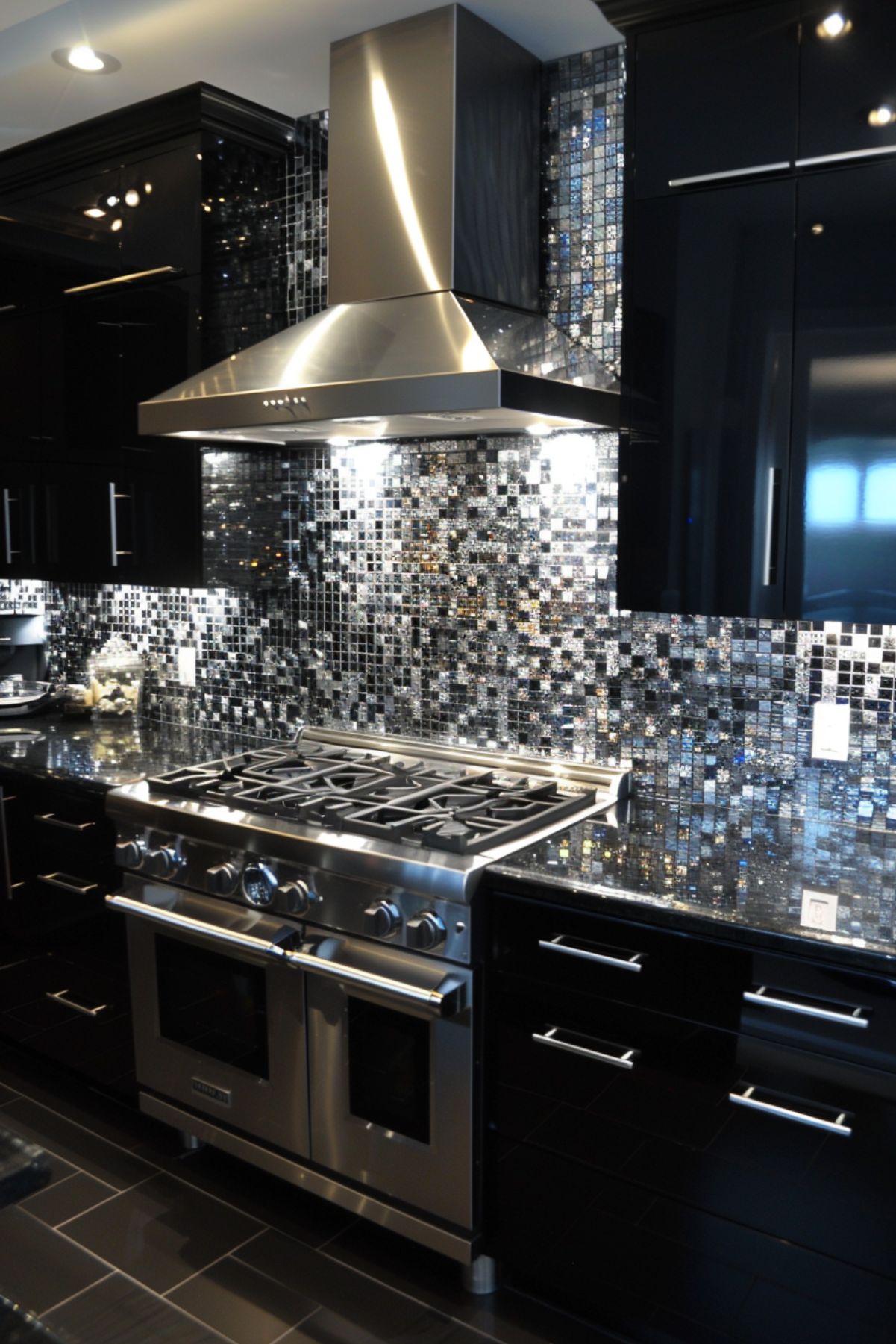 Modern kitchen featuring sleek black cabinetry and a statement backsplash with shimmering metallic mosaic tiles. The stainless steel range and hood add a professional, polished look to the space, while the glossy black countertops and tiled floor enhance the overall contemporary design. The reflective surfaces give the kitchen a chic, glamorous feel.