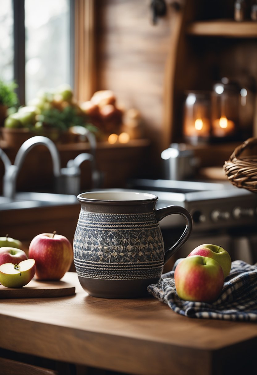 A warm, inviting kitchen with rustic decor, a steaming mug of hot cider, a basket of freshly picked apples, and a cozy plaid blanket draped over a chair