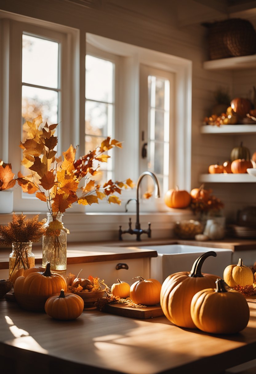 A warmly lit kitchen with soft, golden light streaming through the window onto a wooden table adorned with pumpkins, candles, and autumn foliage