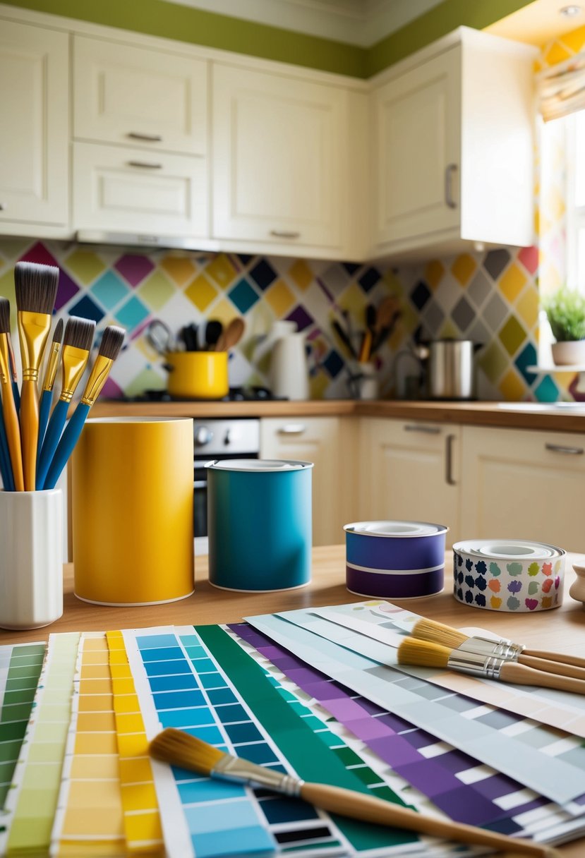 A kitchen with vibrant paint colors and bold wallpaper samples displayed on a table, surrounded by paintbrushes and wallpaper swatches