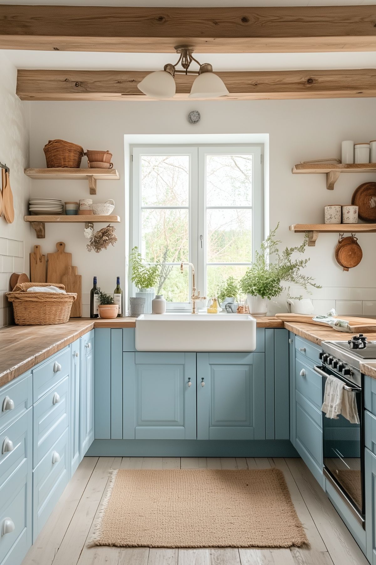 A quaint kitchen with soft blue cabinetry, a farmhouse sink, and wooden countertops. The space features open wooden shelves displaying rustic kitchenware and potted plants. Exposed wooden beams on the ceiling add warmth to the room, while a large window above the sink lets in natural light, enhancing the cozy and inviting atmosphere of this cottage-style kitchen.