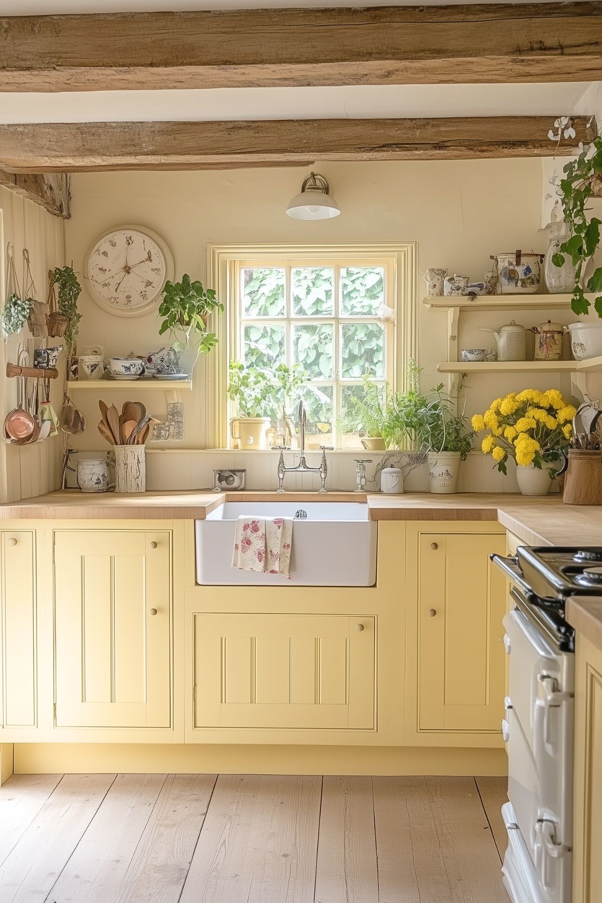 A bright and cheerful kitchen with butter-yellow cabinets and a farmhouse sink under a window framed by rustic wooden beams. The countertops are adorned with potted plants, a vase of yellow flowers, and various kitchen essentials. Open shelving displays decorative dishware, adding charm and character to the space. The walls are adorned with hanging copper utensils and a vintage-style clock, completing the cottagecore aesthetic.