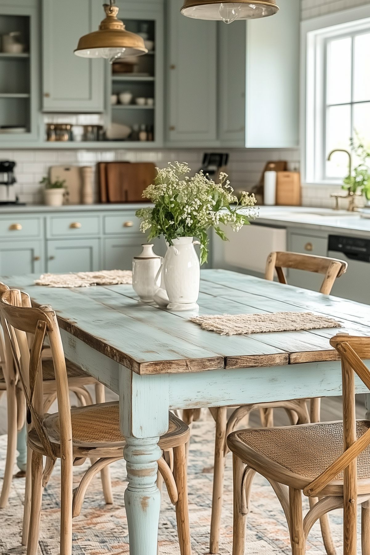 A cozy kitchen with pastel blue cabinetry and a distressed wooden dining table in a matching hue. The table is decorated with white ceramic pitchers filled with delicate wildflowers, adding a rustic charm to the space. Light wooden chairs surround the table, and the background features open shelving, a farmhouse sink, and brass pendant lights, all contributing to the warm and inviting cottagecore aesthetic.