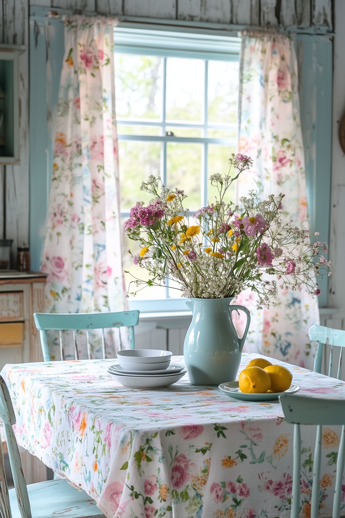 A bright and airy kitchen scene featuring a table covered with a floral tablecloth. The table is set with a light blue pitcher holding a bouquet of colorful wildflowers, a stack of white bowls, and a plate of lemons. The background shows a window with floral curtains that allow natural light to stream in, enhancing the fresh and cheerful cottagecore ambiance of the space.