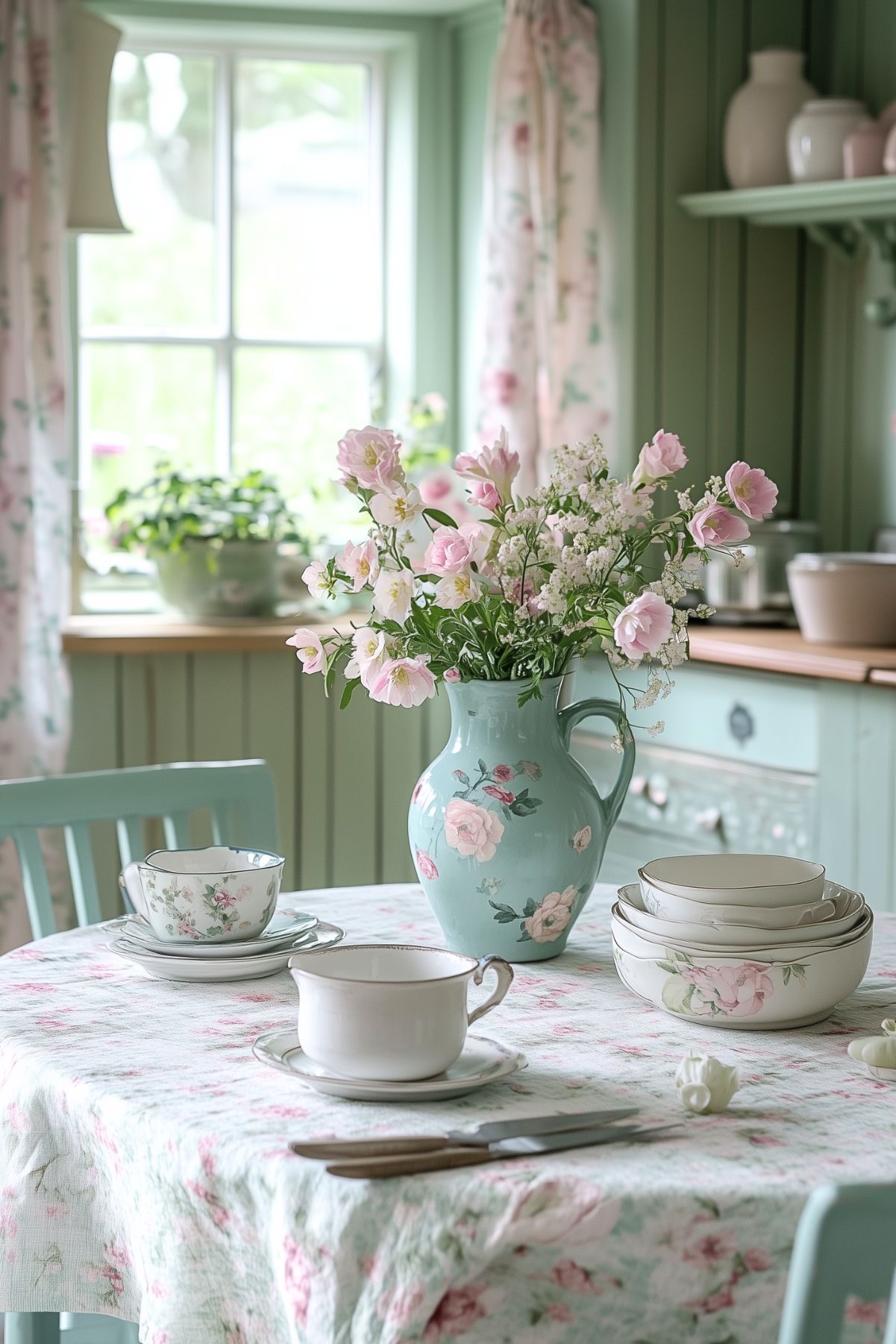 A quaint kitchen setting featuring a round table covered with a floral-patterned tablecloth. The table is adorned with a pastel blue vase filled with soft pink flowers, accompanied by matching floral tea cups and bowls. The background includes light green cabinetry, floral curtains, and a sunlit window that enhances the serene and vintage-inspired atmosphere.