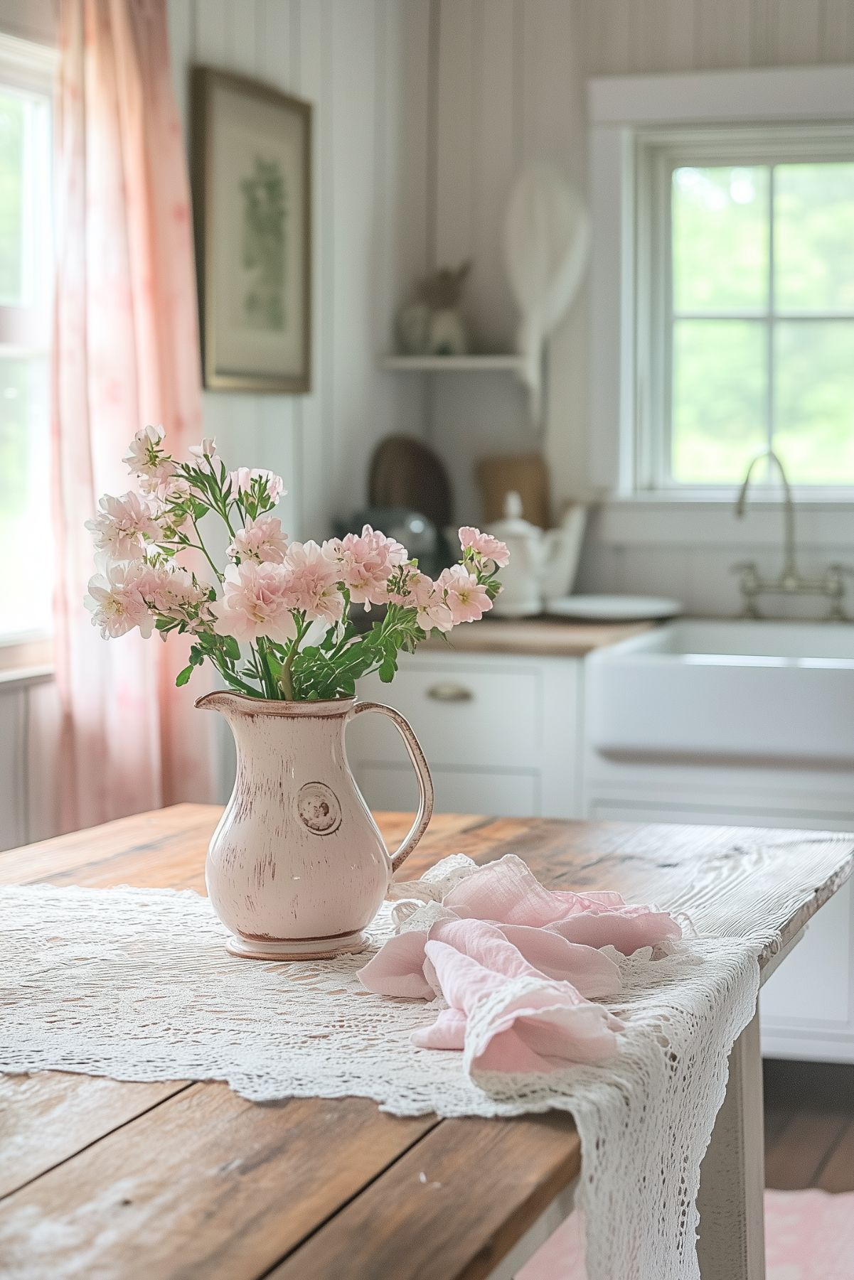 A rustic kitchen table with a vintage pink pitcher filled with soft pink flowers as a centerpiece. The table is adorned with a lace runner and a light pink cloth napkin. The background features a farmhouse-style kitchen with white cabinetry, a large apron sink, and a window letting in natural light, creating a calm and nostalgic atmosphere.