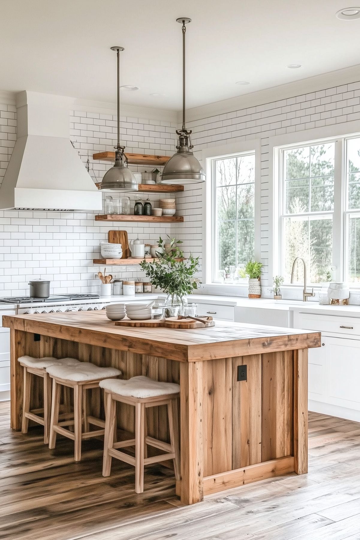 A rustic yet modern kitchen featuring an island with a natural wood finish and white stools, white cabinetry, subway tile backsplash, and large windows allowing ample natural light. Stainless steel pendant lights hang above the island, enhancing the farmhouse aesthetic.