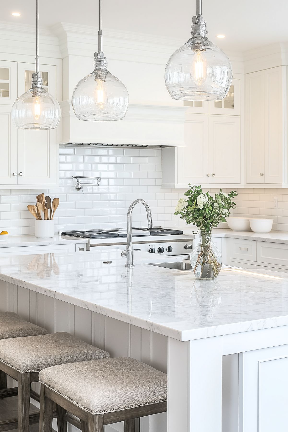 A bright and airy kitchen featuring a large marble-topped island with modern gray stools, crisp white cabinetry, and subway tile backsplash. Above the island, three clear glass pendant lights add a contemporary touch while a vase of fresh flowers provides a hint of color.