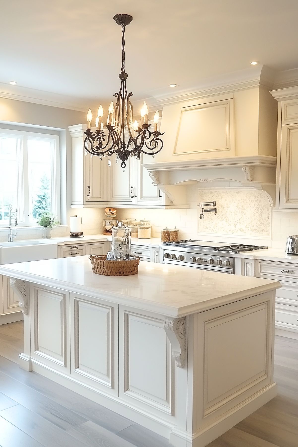 An elegant kitchen with a spacious white island, detailed with classical paneling and topped with marble. The room features sophisticated white cabinetry and a decorative chandelier overhead, alongside modern appliances and large windows that flood the space with natural light.