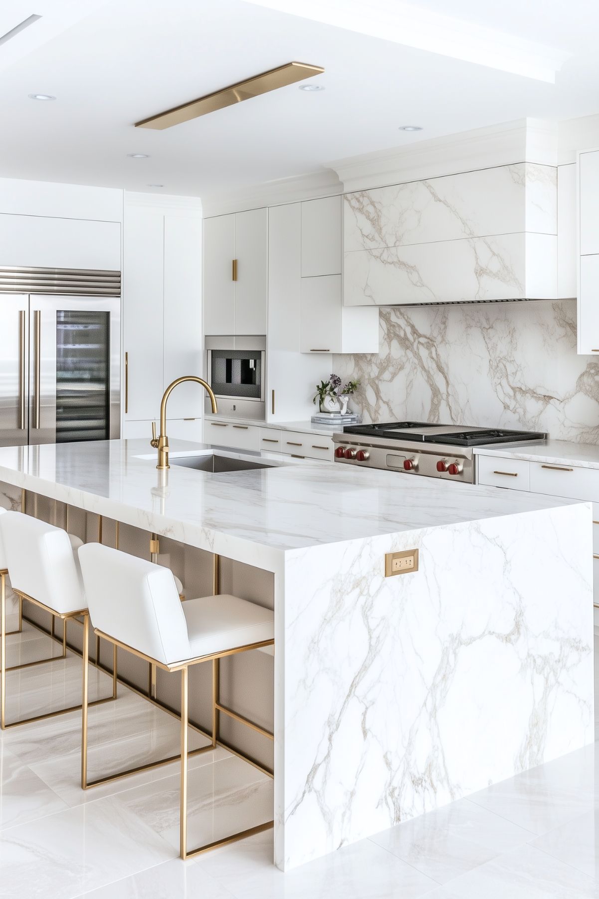 Sleek white kitchen with marble countertops, brass fixtures, and modern bar stools