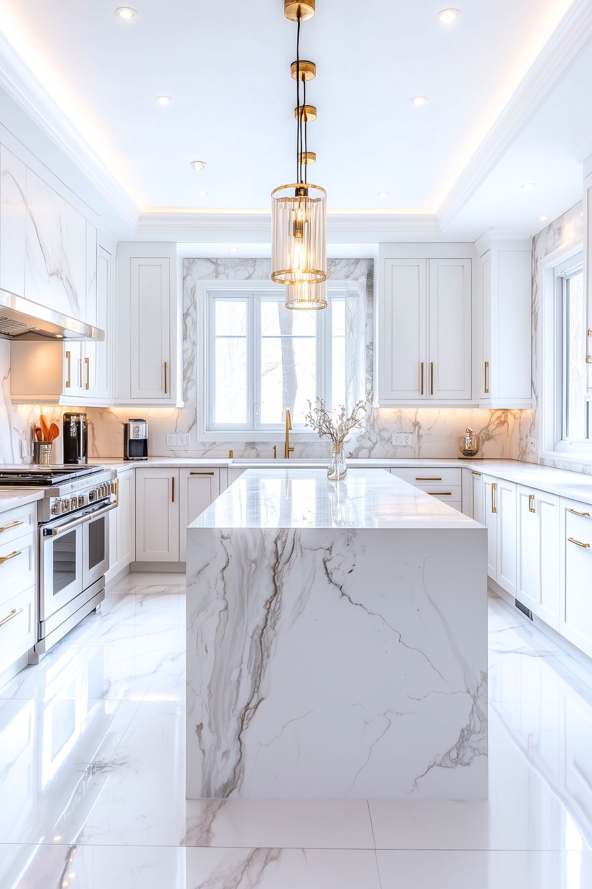 Bright white kitchen featuring marble countertops, gold fixtures, a large island, and elegant pendant lighting.