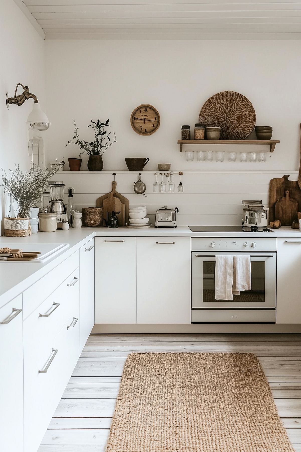 A cozy, minimalist kitchen with white walls and cabinetry, featuring natural wood accents and decorative items like woven baskets and pottery. The space includes open shelving filled with kitchen essentials, a large wooden clock, and a jute area rug, contributing to a warm, rustic atmosphere.