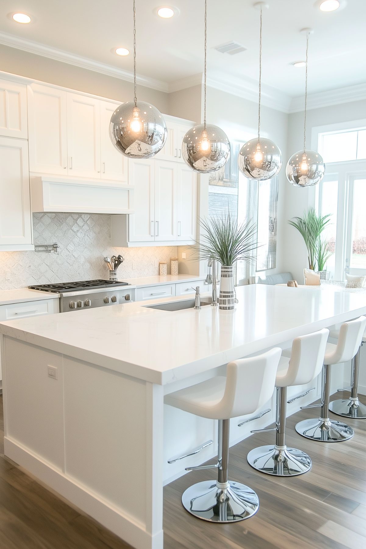 A modern kitchen featuring a large white island with sleek bar stools, highlighted by three silver mirrored pendant lights. The design includes white cabinetry and a herringbone backsplash, complemented by natural light streaming through large windows and subtle greenery that adds a touch of freshness to the space.