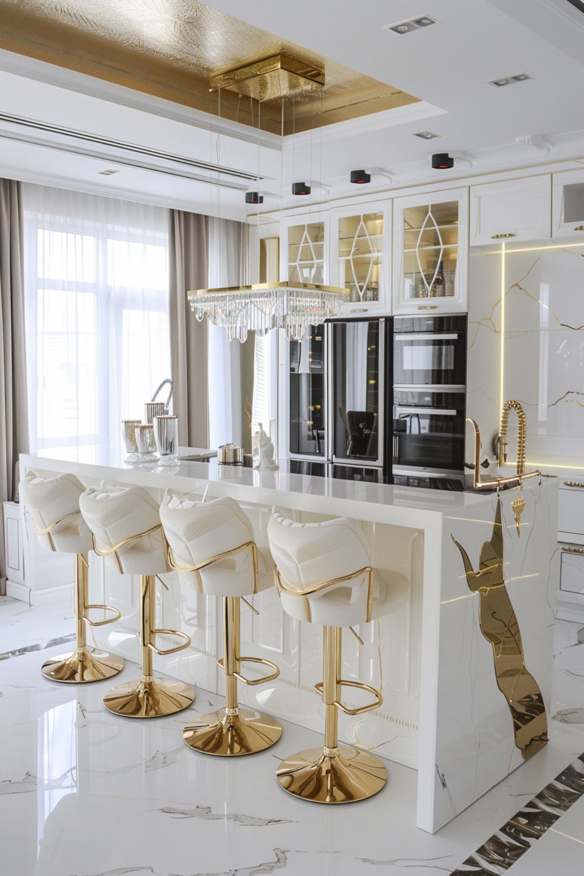 A stunningly opulent kitchen with a white and gold theme, featuring a marble-topped island with gold accented bar stools. The luxurious feel is elevated by a gold textured ceiling and a large, crystal chandelier. The backdrop includes white cabinetry with integrated high-end appliances and gold handles, alongside elegant marble walls with gold veining, creating a lavish and visually striking space.