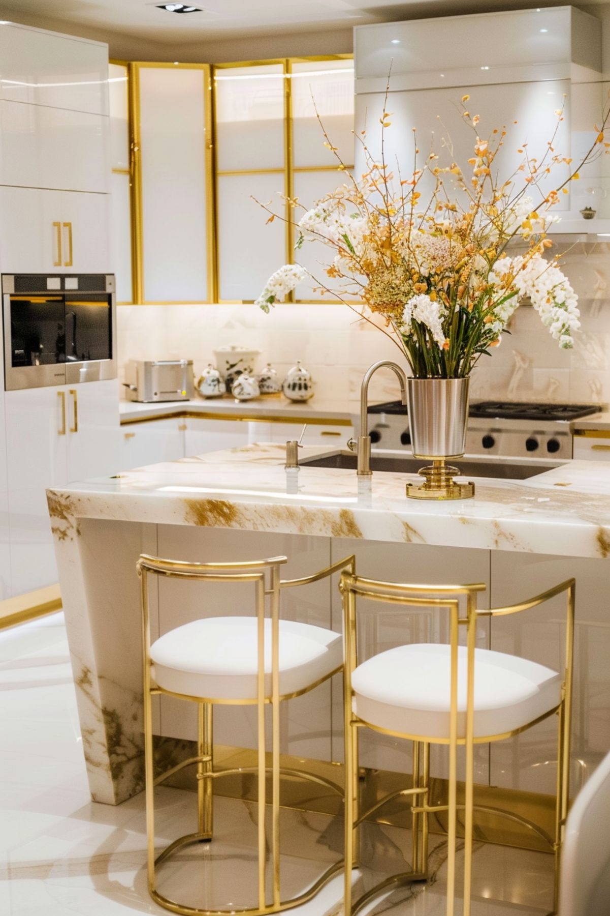 A luxuriously modern kitchen with striking marble surfaces featuring gold veins, complemented by sleek white cabinetry accented with gold hardware. The central island is adorned with gold-framed bar stools and a large vase of wildflowers, adding a vibrant touch to the opulent space. The design includes gold accents throughout, enhancing the elegance and creating a cohesive, glamorous look.