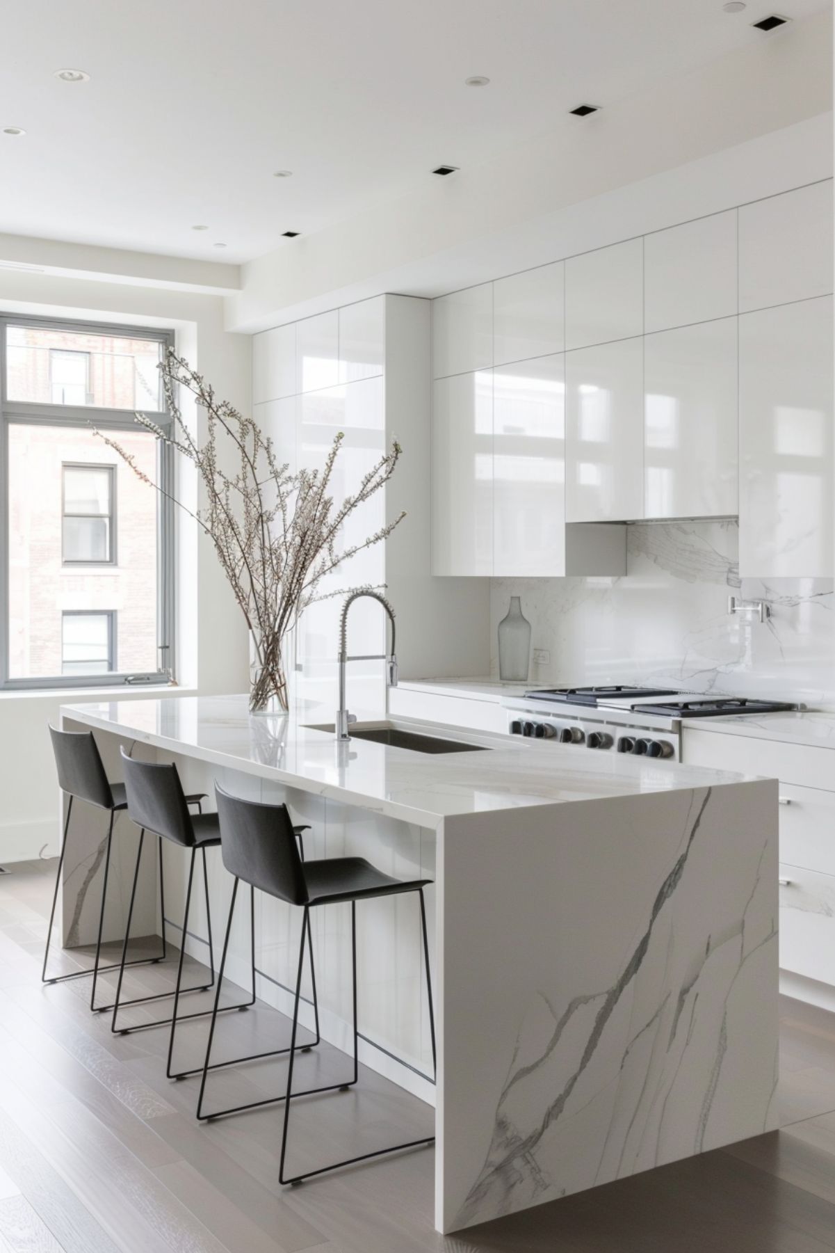 A minimalist and luxurious kitchen with a large white island featuring striking marble veins. This sleek design is complemented by modern gray stools, a large artistic arrangement of branches, and high-gloss white cabinetry. Large windows provide natural light and a view of the urban surroundings, enhancing the clean, contemporary feel of the space.